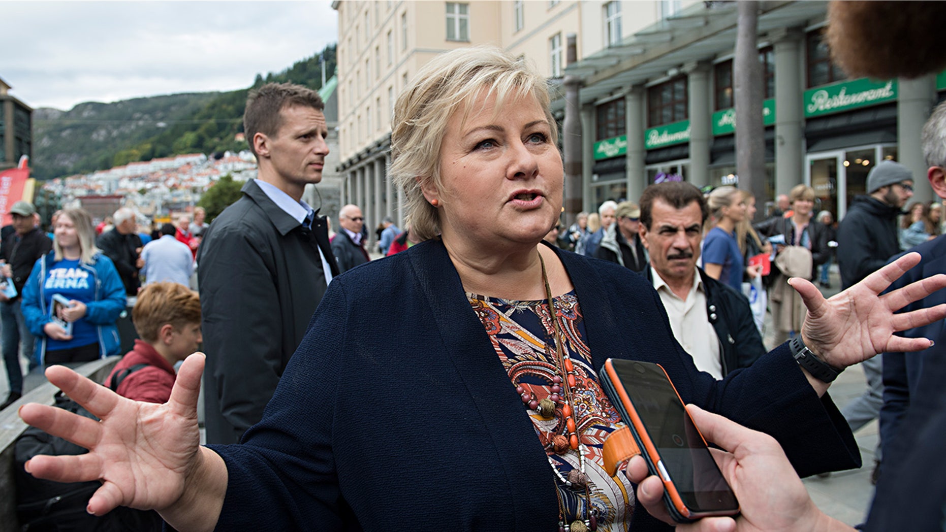 Norway's Prime Minister and leader of the Conservative Party, Erna Solberg, at an election campaign event in Bergen, Norway Friday, Sept. 8, 2017.