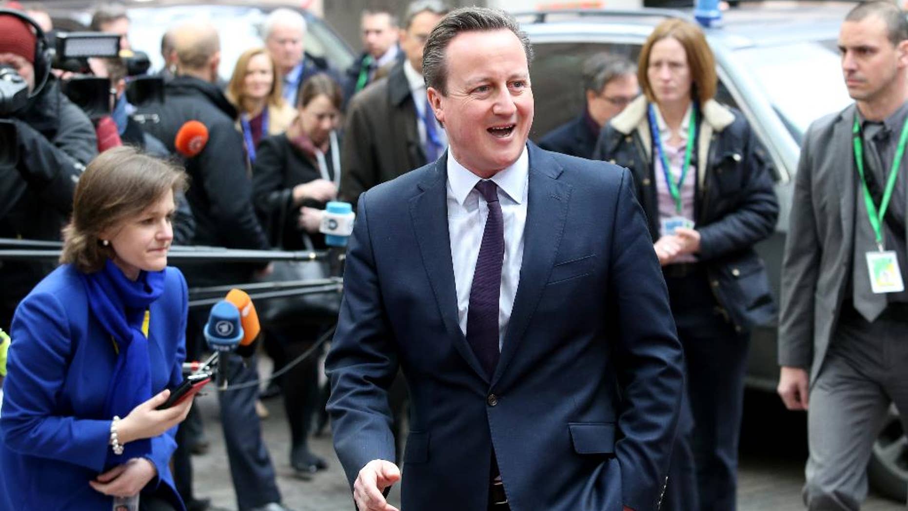 FILE- In this March 7, 2016 file photo, British Prime Minister David Cameron arrives for an EU summit at the EU Council building in Brussels. Cameron said Wednesday May 4, 2016, advocates of leaving the European Union have not thought through the impact it would have on the economy. (AP Photo/Francois Walschaerts, File)