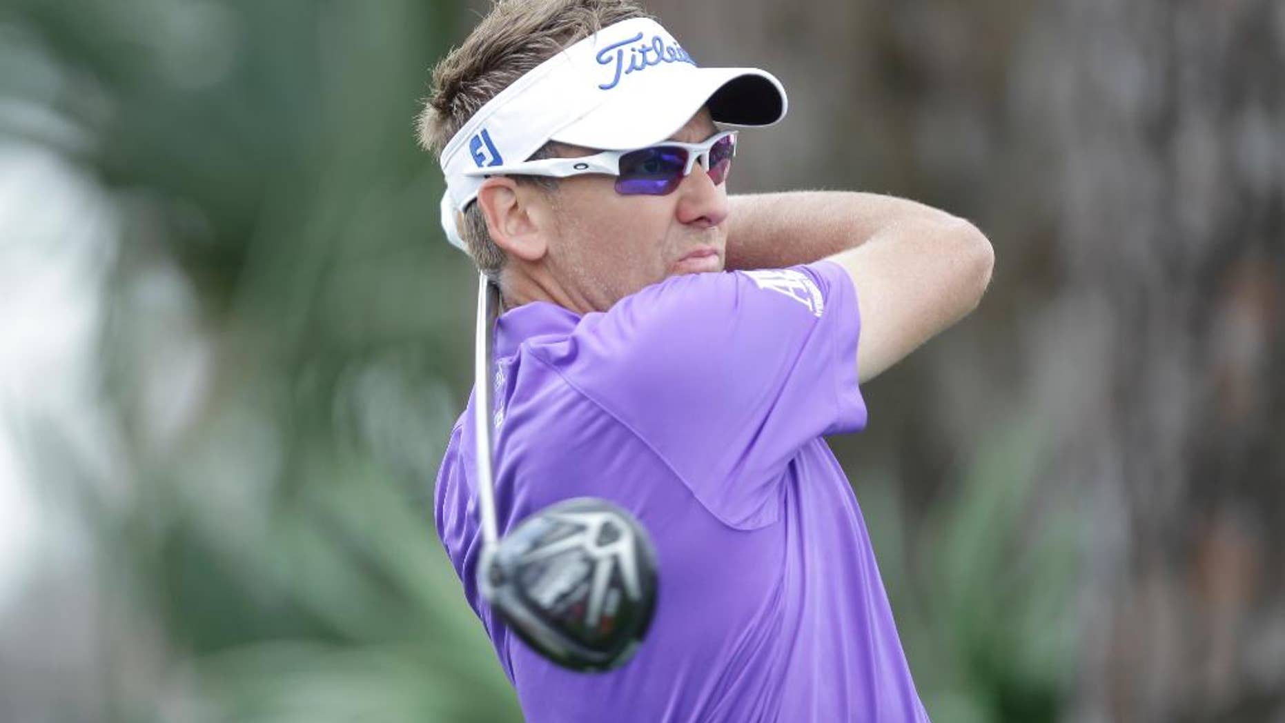 Ian Poulter hits from the second tee during the third round of the Honda Classic golf tournament, Sunday, March 1, 2015 in Palm Beach Gardens, Fla. (AP Photo/Luis M. Alvarez)