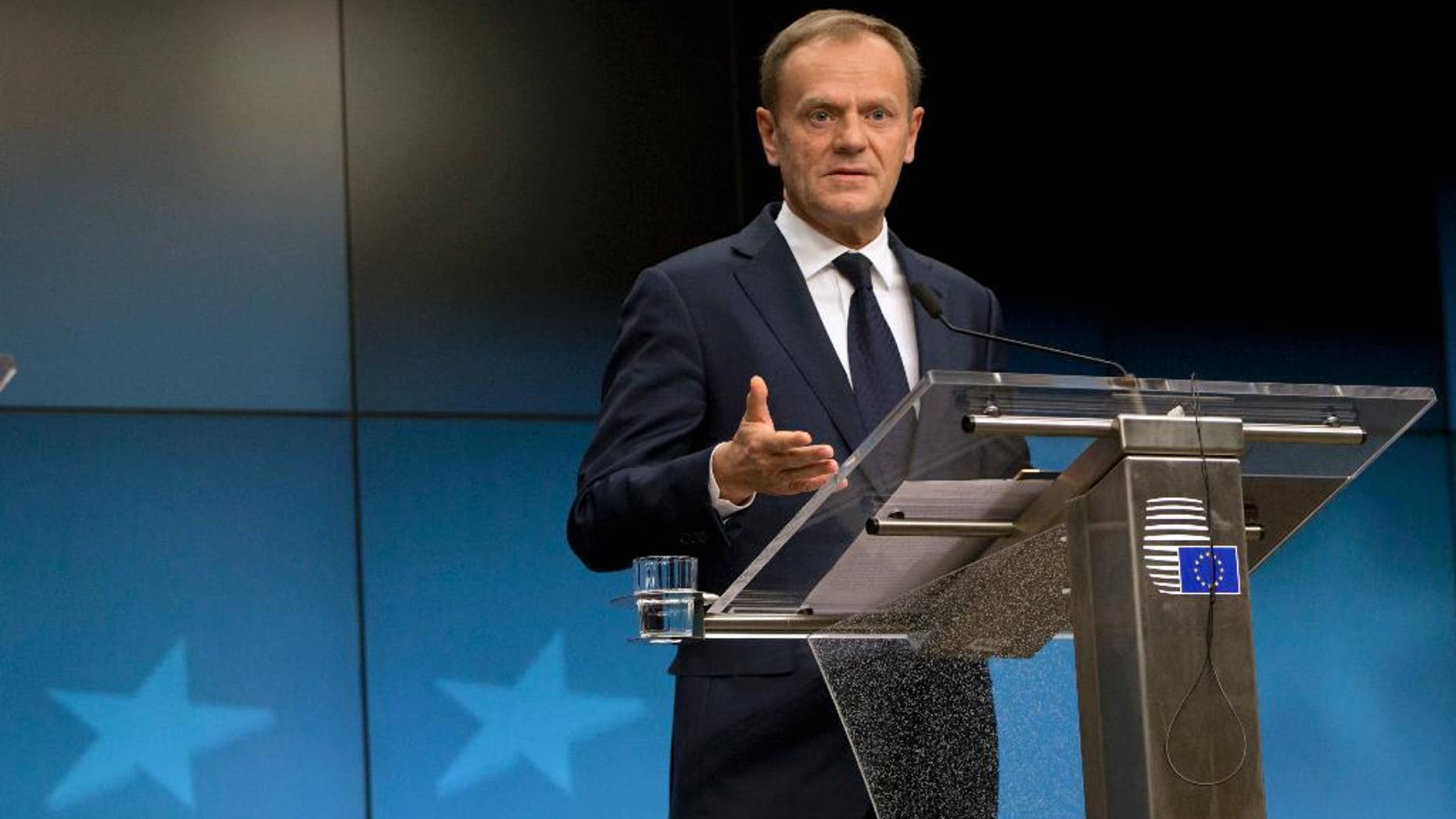 European Council President Donald Tusk speaks during a media conference at the end of an EU summit in Brussels on Friday, March 10, 2017. EU leaders are debating the future of their bloc as Britain eyes the exit door and far-right parties look to get strong results in upcoming elections. (AP Photo/Virginia Mayo)