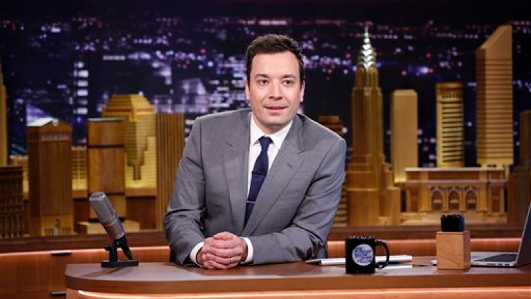 In this photo provided by NBC, Jimmy Fallon appears during his "The Tonight Show" debut on Monday, Feb. 17, 2014, in New York. Fallon departed from the network's Late Night on Feb. 7, 2014, after five years as host, and is now the host of The Tonight Show, replacing Jay Leno after 22 years. (AP Photo/NBC, Lloyd Bishop)