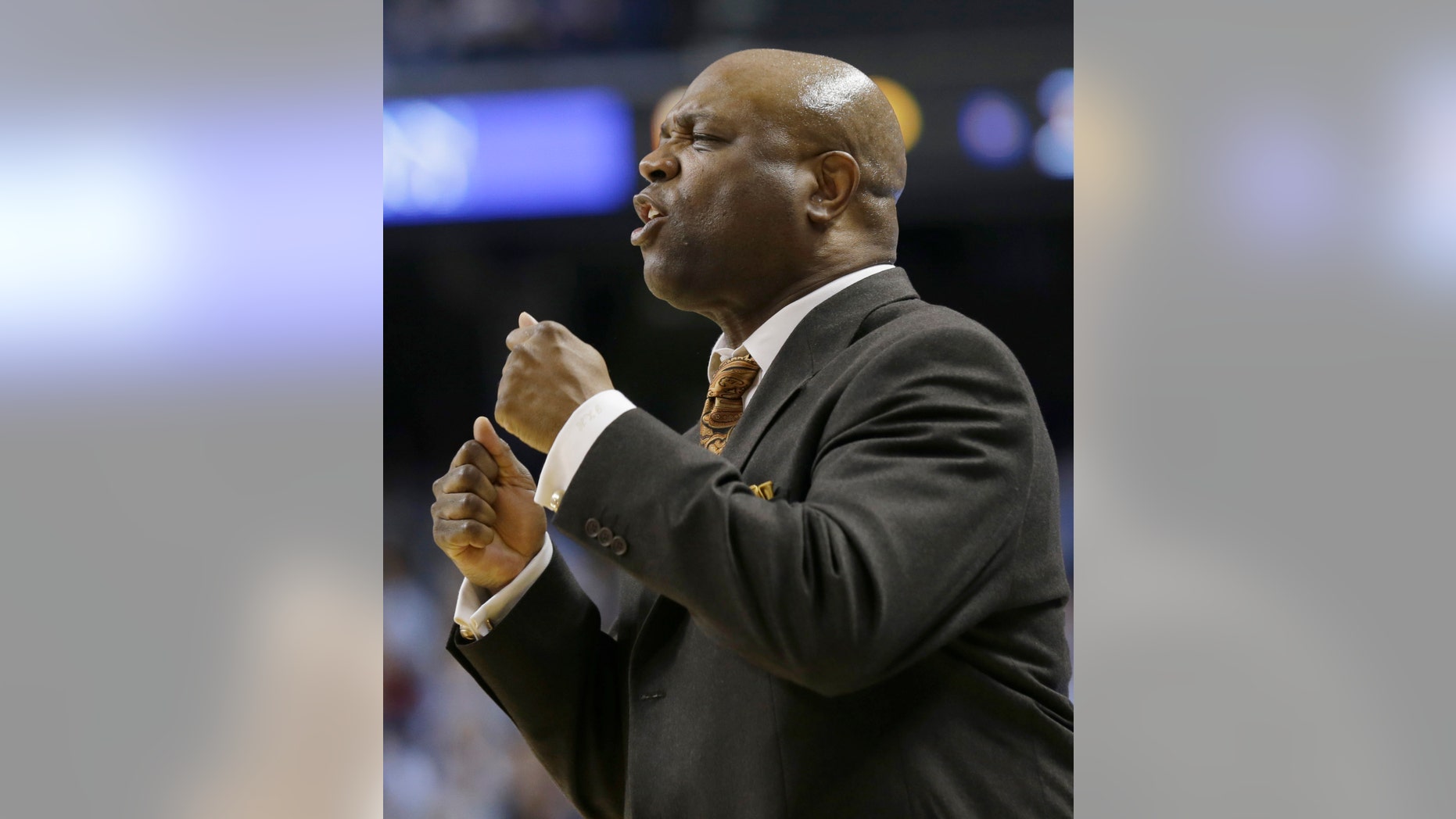 FILE - In this March 15, 2013 file photo, Florida State coach Leonard Hamilton reacts during the second half of an NCAA college basketball game against North Carolina at the Atlantic Coast Conference men's tournament in Greensboro, N.C. Hamilton has been coaching Florida State's basketball team since 2002 and had four consecutive NCAA appearances before the Seminoles missed the 2013 to tournament. (AP Photo/Gerry Broome, File)