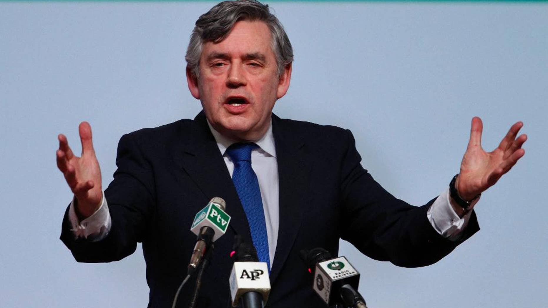 FILE - This is a Saturday, March 29, 2014 file photo of former British Prime Minister and U.N. special envoy for Global Education, Gordon Brown as he addresses during an education conference in Islamabad, Pakistan. Brown made an impassioned call Monday June 13 2016 for Labour Party supporters to vote to stay in the European Union, amid nervousness in the "remain" camp that it is losing momentum ahead of next week's referendum. (AP Photo/Anjum Naveed, File)
