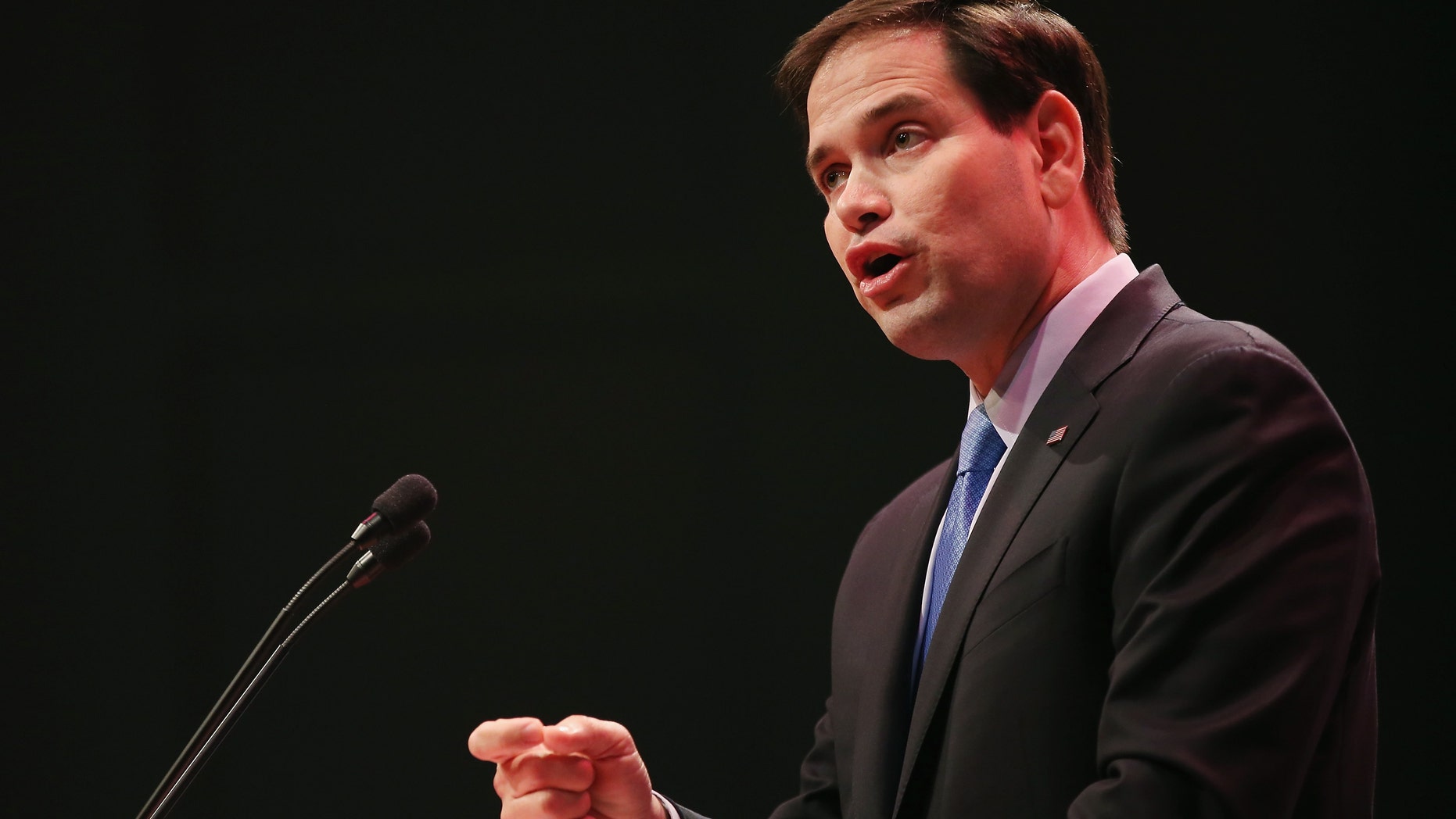 WAUKEE, IA - APRIL 25: Senator Marco Rubio (R-FL) speaks to guests gathered at the Point of Grace Church for the Iowa Faith and Freedom Coalition 2015 Spring Kickoff on April 25, 2015 in Waukee, Iowa. The Iowa Faith & Freedom Coalition, a conservative Christian organization, hosted 9 potential contenders for the 2016 Republican presidential nominations at the event. (Photo by Scott Olson/Getty Images)