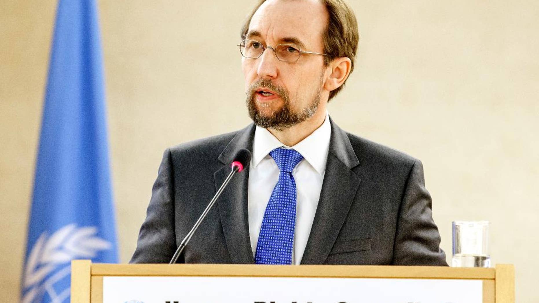 FILE - In this Feb. 27, 2017 file photo, U.N. High Commissioner for Human Rights, Jordan's Zeid Ra'ad al Hussein, delivers his statement at the Human Rights Council, in Geneva, Switzerland. The U.N. human rights chief says Wednesday, March 8, 2017 he is “dismayed” by U.S. President Donald Trump’s attempts to “intimidate or undermine” journalists and judges, and is concerned about the impact of Trump’s order banning U.S. entry to people of six mostly Muslim countries. (Salvatore Di Nolfi/Keystone via AP.file)