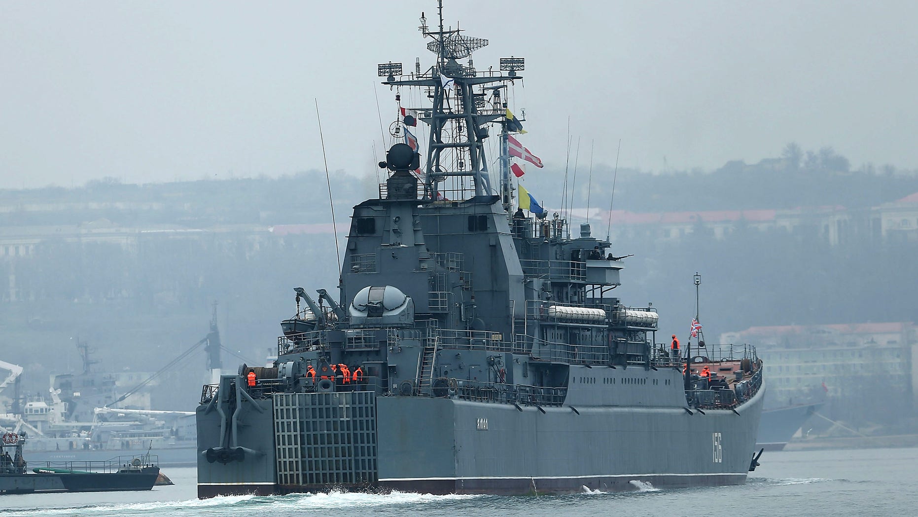 A Russian warship is viewed in Sevastopol harbor on March 7, 2014 in Sevastopol, Ukraine.
