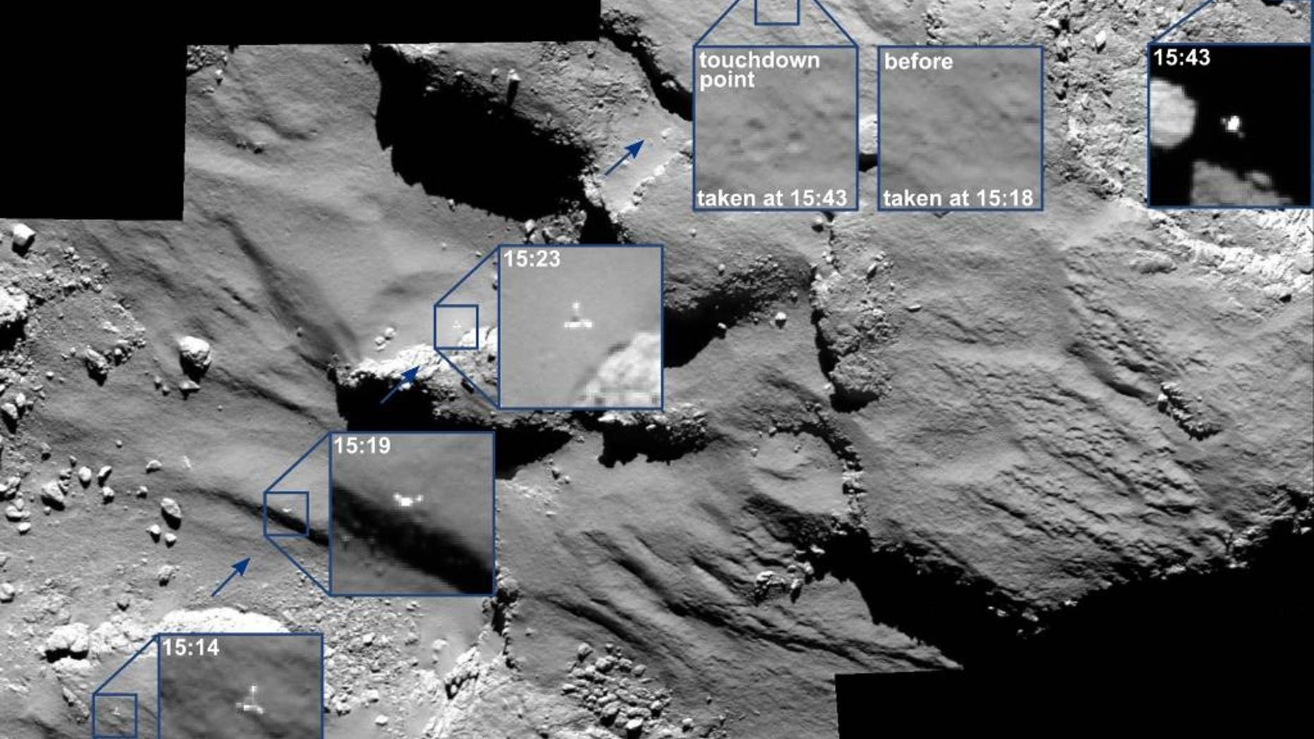 The combination image of several partially enlarged photographs released by the European Space Agency, ESA, Monday, Nov. 17, 2014 shows the journey of Rosetta’s Philae lander as it approached and then rebounded from its first touchdown on Comet 67P/Churyumov–Gerasimenko on Nov. 12, 2014. The series of images was captured by Rosetta’s OSIRIS camera from a distance of 15.5km (9.6 miles) from the comet surface over a 30 minute period spanning the first touchdown. The time of each of image has marked been marked by source on the corresponding insets and is in GMT. A comparison of the touchdown area shortly before and after first contact with the surface is also provided. From left to right, the images show Philae descending towards and across the comet before touchdown. (AP Photo/European Space Agency)