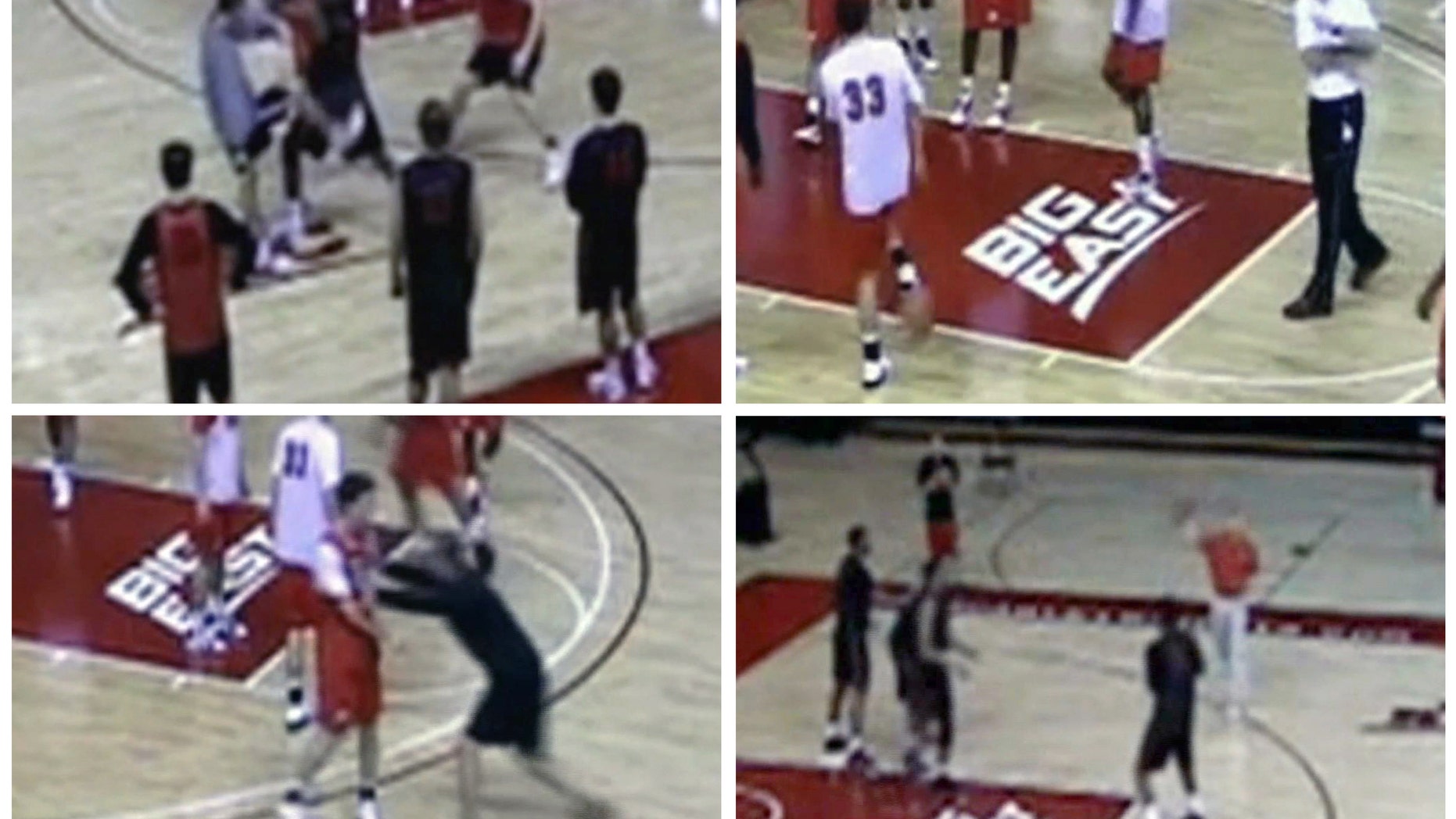 In this four-image combo taken from an ESPN video, Rutgers men's basketball coach Mike Rice kicks, shoves, and throws balls at his players during NCAA college basketball practices in Piscataway, N.J. Fueled by outrage from even the governor when the video went public, Rutgers fired Rice on Wednesday, April 3, 2013, after deciding it didn't go far enough by suspending and fining him for shoving, kicking and throwing balls at players along with spewing gay slurs. (AP Photo/ESPN)