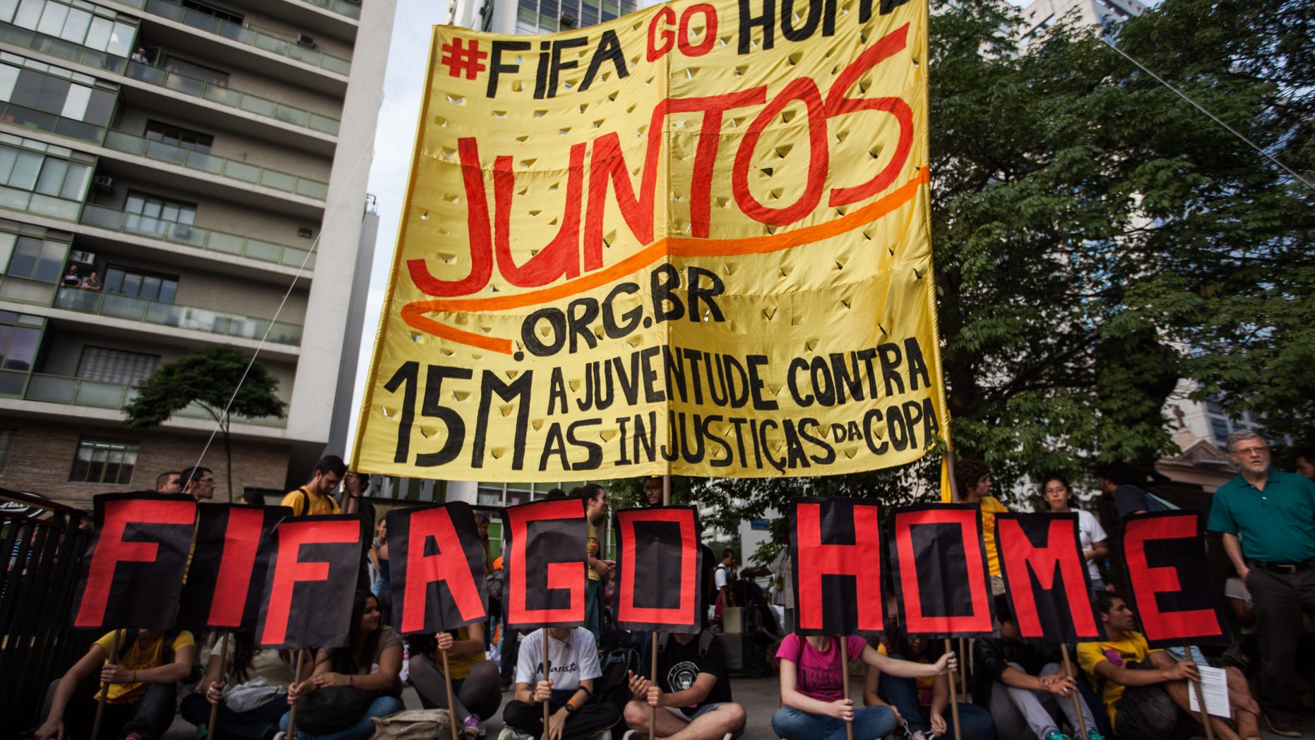 Demonstrators held a protest against the World Cup FIFA soccer on Thursday, May 15, 2014 in Sao Paulo, Brazil.