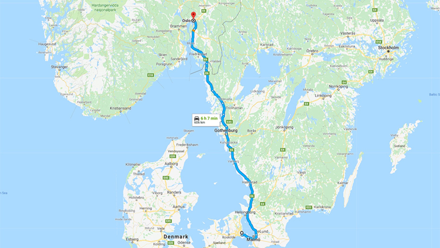 The taxi journey from Copenhagen, Denmark to Oslo, Norway.