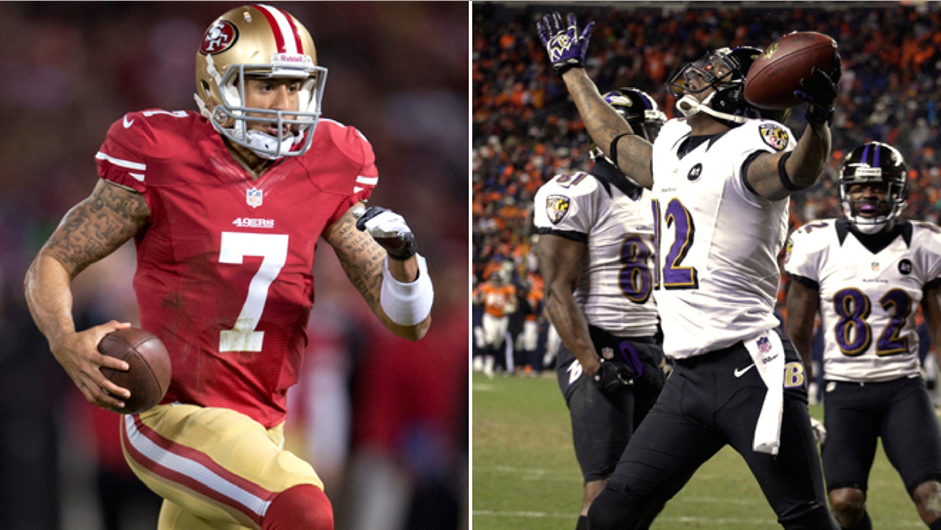 San Francisco 49ers quarterback Colin Kaepernick runs for a touchdown in a 45-31 victory over the Green Bay Packers, while Baltimore Ravens wide receiver Jacoby Jones is seen celebrating a touchdown in the Ravens' 38-35 overtime win against the Denver Broncos.