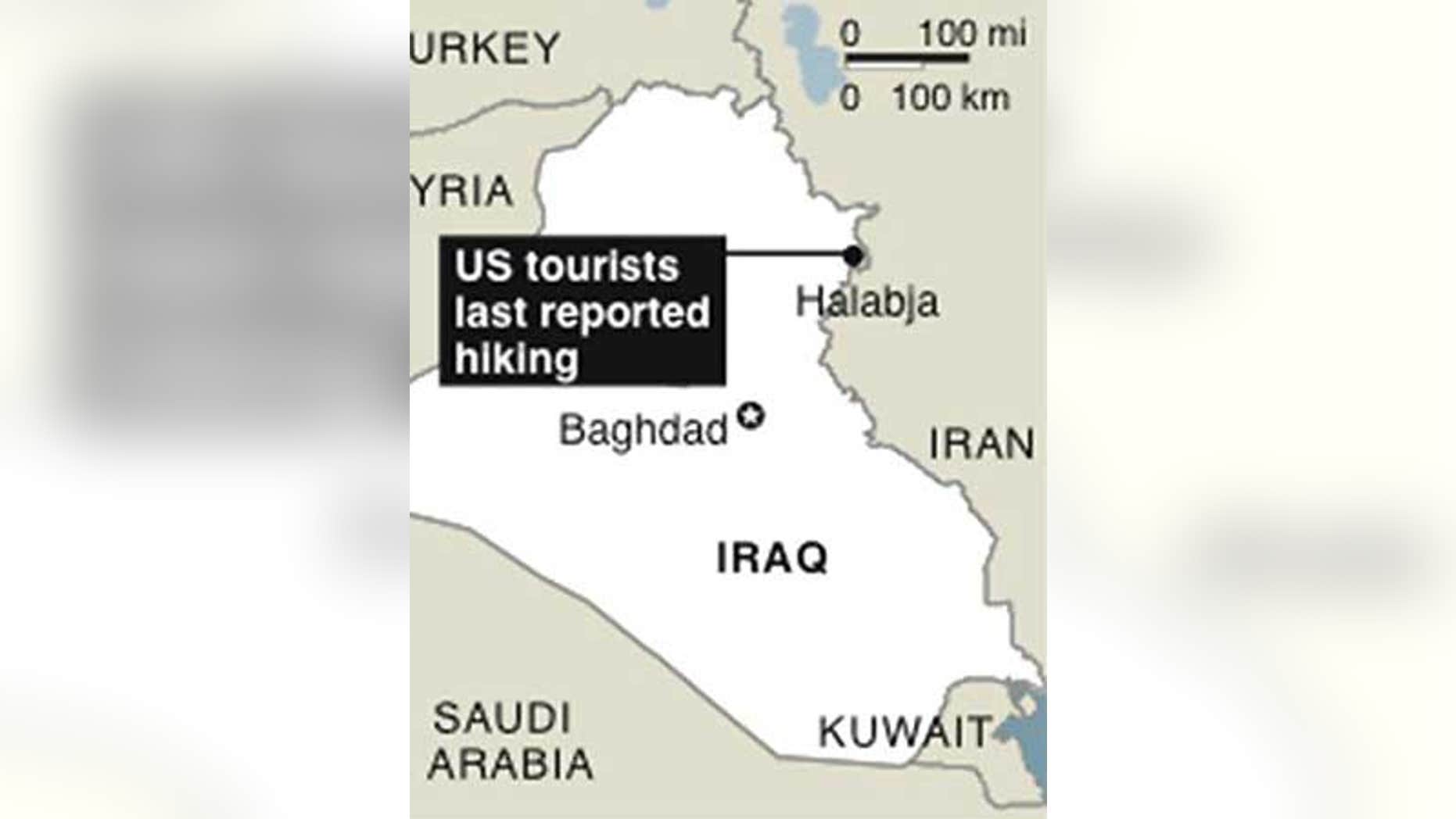 Map locates Halabja, Iraq, where US tourists last reported hiking.