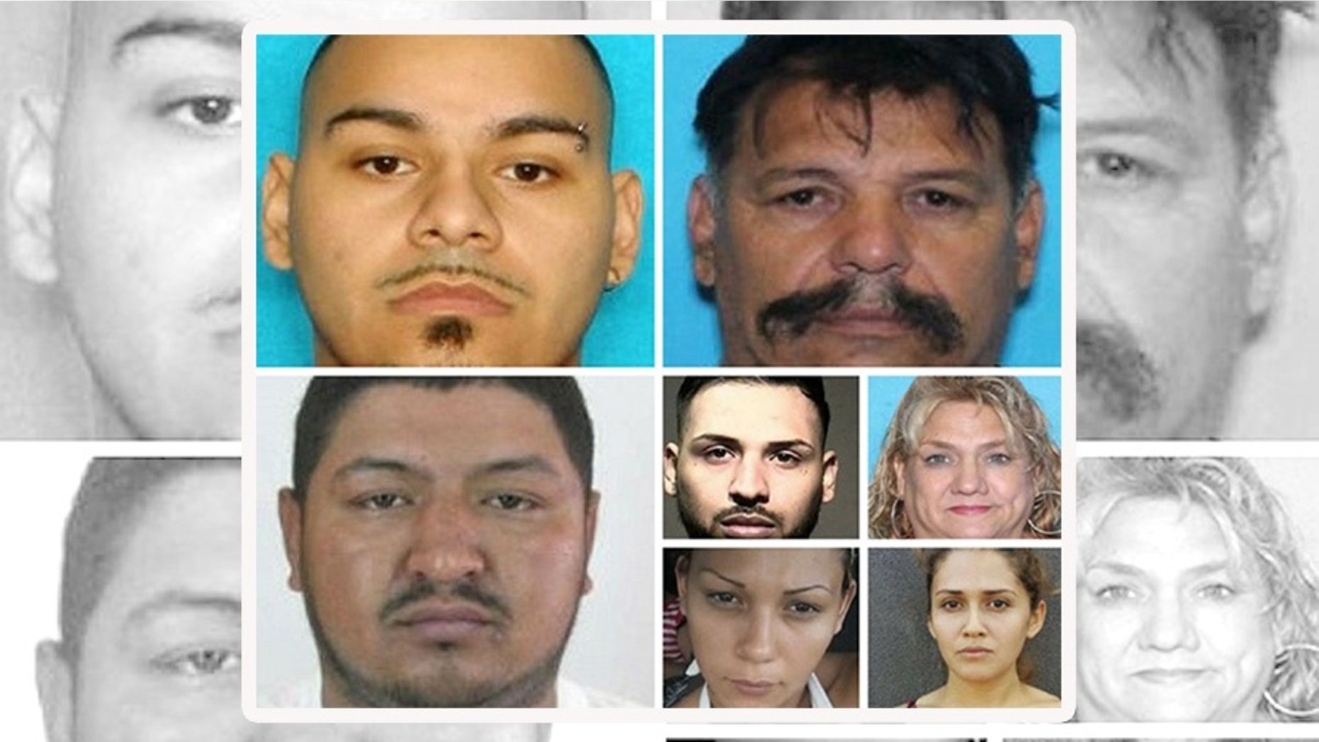 (From left to right) William Alberto Lopez, Raul Moreno-Reyna, Juan Carlos Contreras-Cervantes, Walter Lopez, Melisa Bazan Dominguez, Andalit Durate, Claudia Jackely Soriano-Hernandez and Israel Juarez Sifuentes (not pictured) were wanted by the FBI for sex and drug trafficking.
