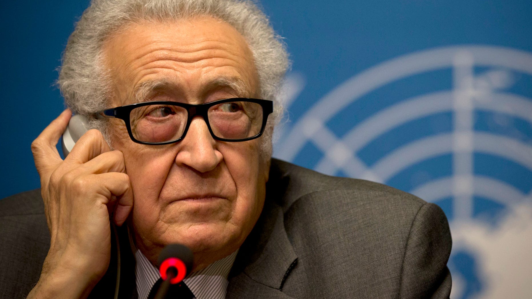 U.N. mediator Lakhdar Brahimi listens during a press briefing at the United Nations headquarters in Geneva, Switzerland, Friday, Jan. 24, 2014. After three days of escalating rhetoric _ and a day spent assiduously avoiding contact within the United Nations _ the two sides will meet “in the same room,” said the U.N. mediator trying to forge an end to the civil war _ or at least a measure of common ground to stem a civil war that has left 130,000 people dead. (AP Photo/Anja Niedringhaus)