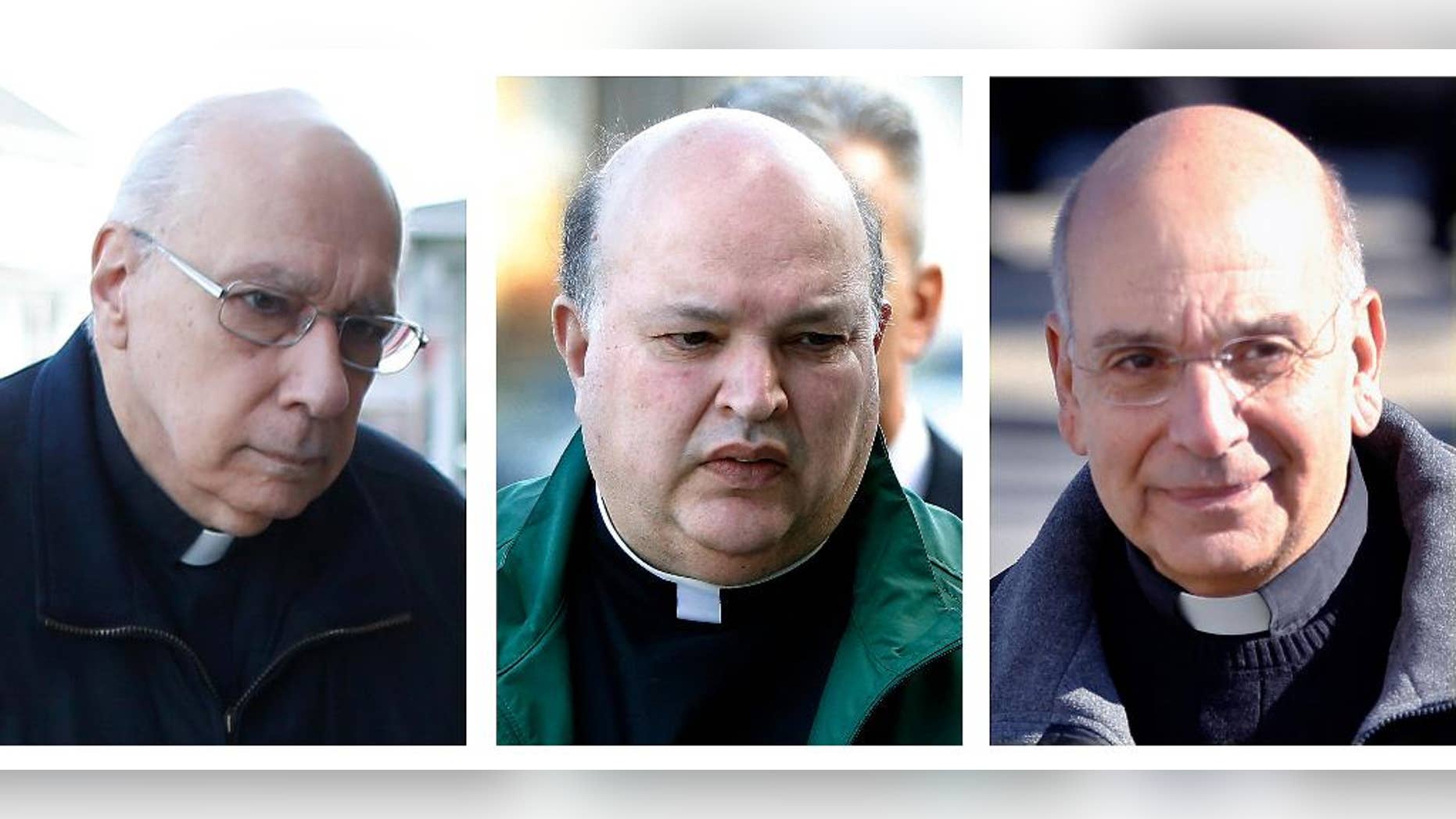 FILE--This combination of file photos from March 18, 2016 shows Giles Schinelli, left, Anthony Criscitelli, center, and Robert D'Aversa, when they were arraigned on charges of child endangerment and criminal conspiracy at a district magistrate in Hollidaysburg, Pa. The preliminary hearing is scheduled to resume Thursday April 27, 2016 for three Franciscan friars who allegedly failed to properly supervise a child predator who molested more than 100 children, mostly when working at a Catholic high school in Pennsylvania. (AP Photo/Keith Srakocic, File)