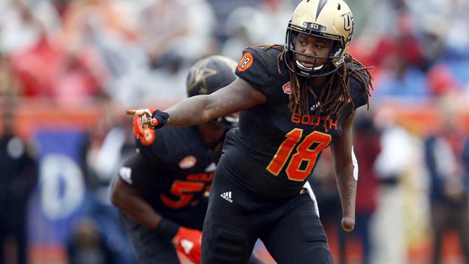 Shaquem Griffin, the one-handed do-it-all defender from Central Florida, was a late invitee to the NFL combine. Photo was taken during Senior Bowl in January.