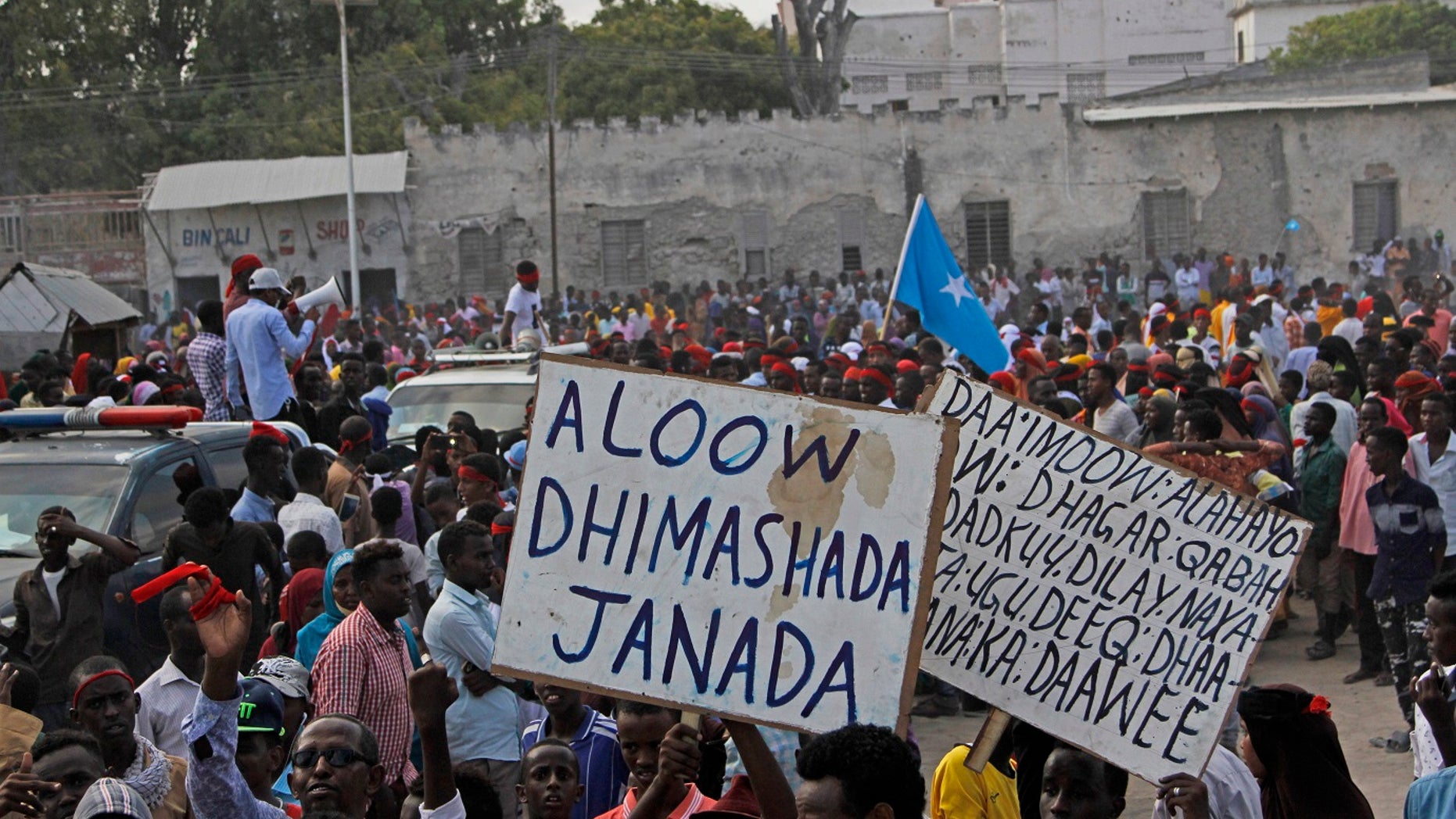Somali nationals protest al-Shabaab extremists following last month's truck bomb that killed more than 350 people.