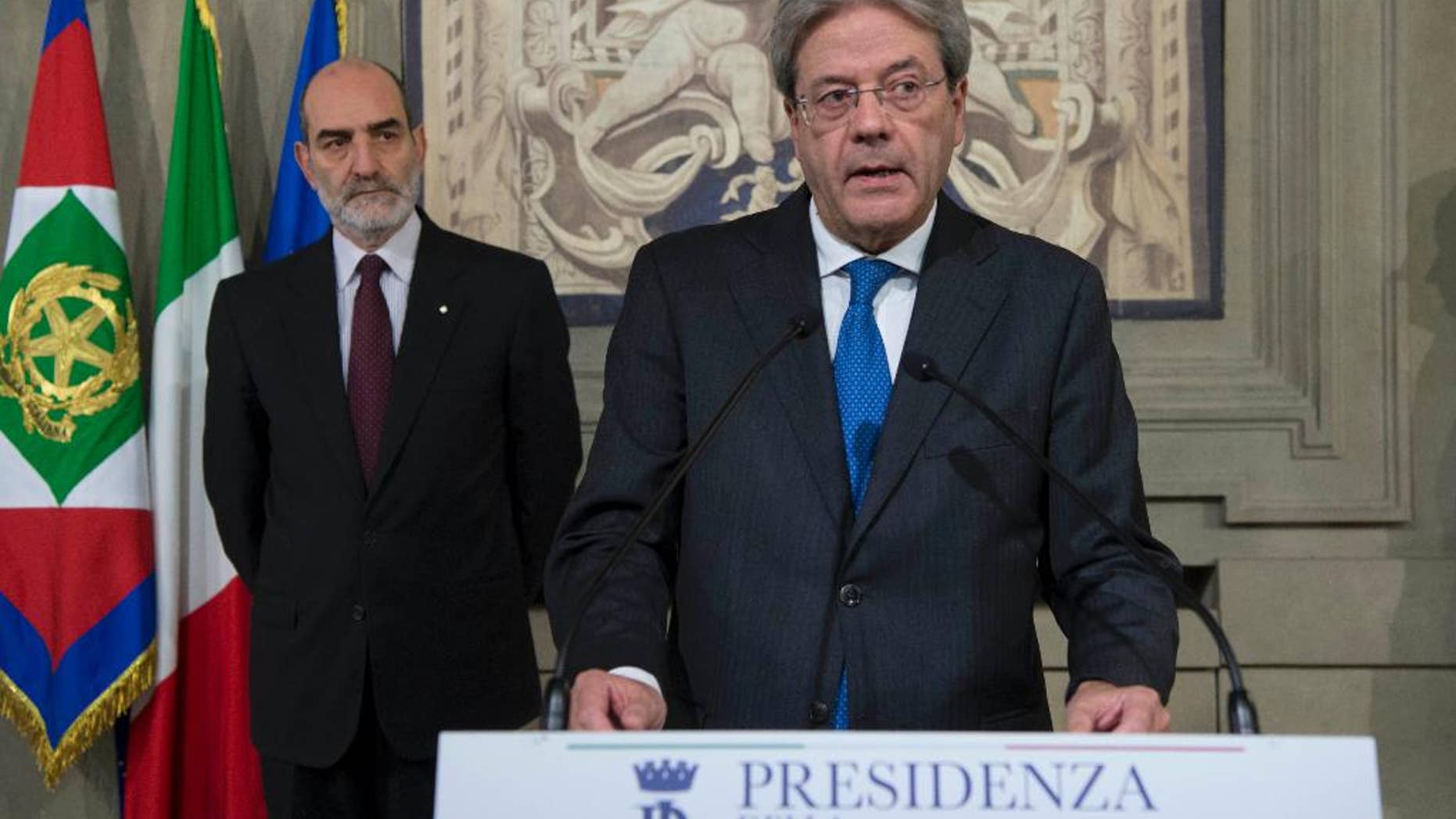 Paolo Gentiloni speaks at the Quirinale presidential palace, in Rome Sunday, Dec. 11, 2016. New Italian Premier-designate Paolo Gentiloni says he’ll try to form Italy’s new government as soon as possible. (Francesco Ammendola/Italian Presidency via AP)