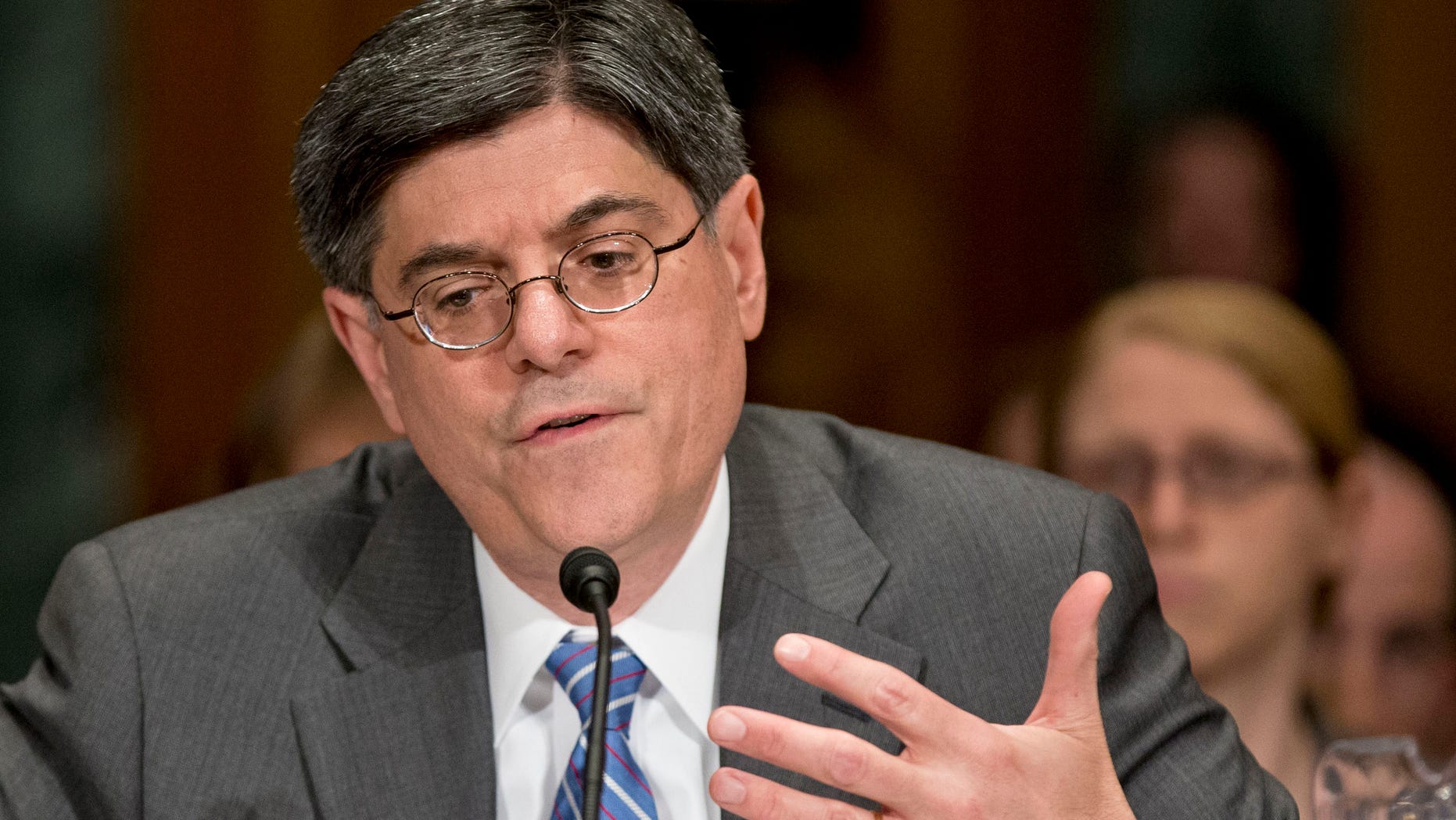 FILE: Feb. 13, 2013: Jack Lew testifies during his confirmation hearing on Capitol Hill in Washington, D.C., before the Senate Finance Committee.