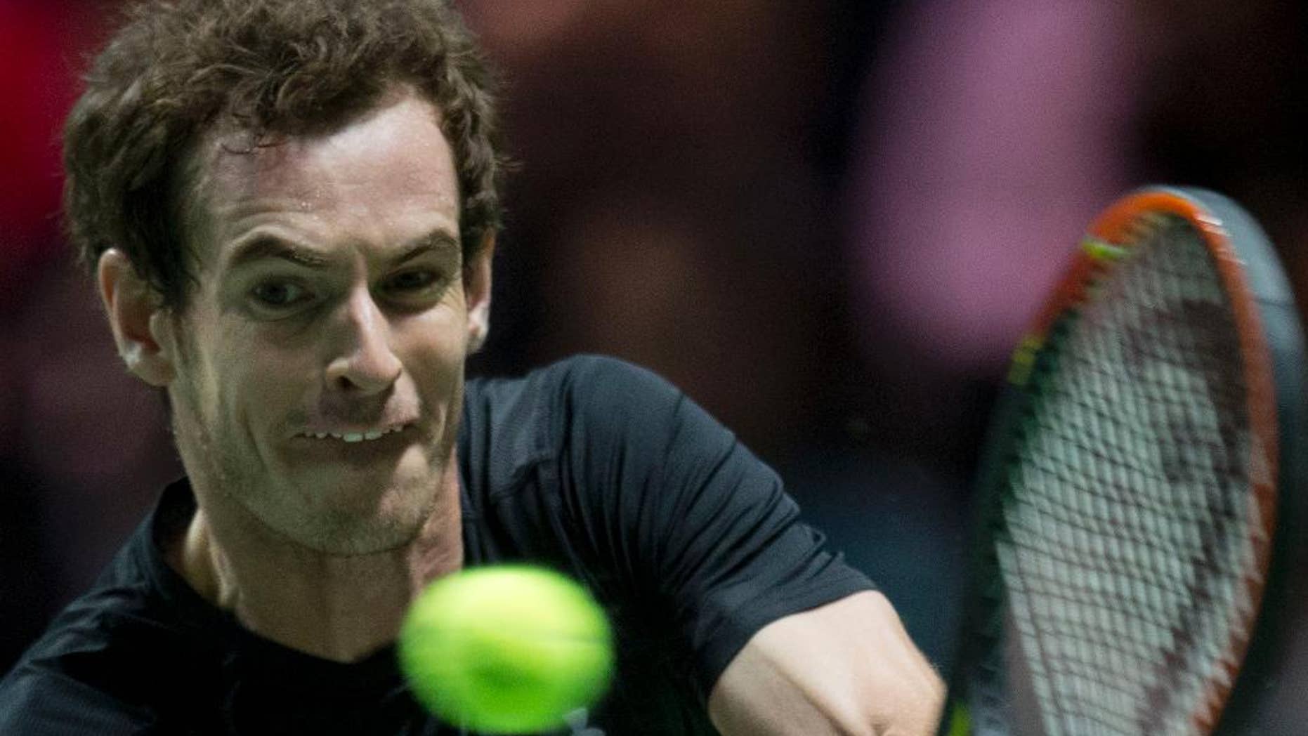 Britain's Andy Murray returns the ball to Nicolas Mahut of France during their first round match of the 42nd ABN AMRO world tennis tournament at Ahoy Arena in Rotterdam, Netherlands, Wednesday, Feb. 11, 2015. (AP Photo/Peter Dejong)