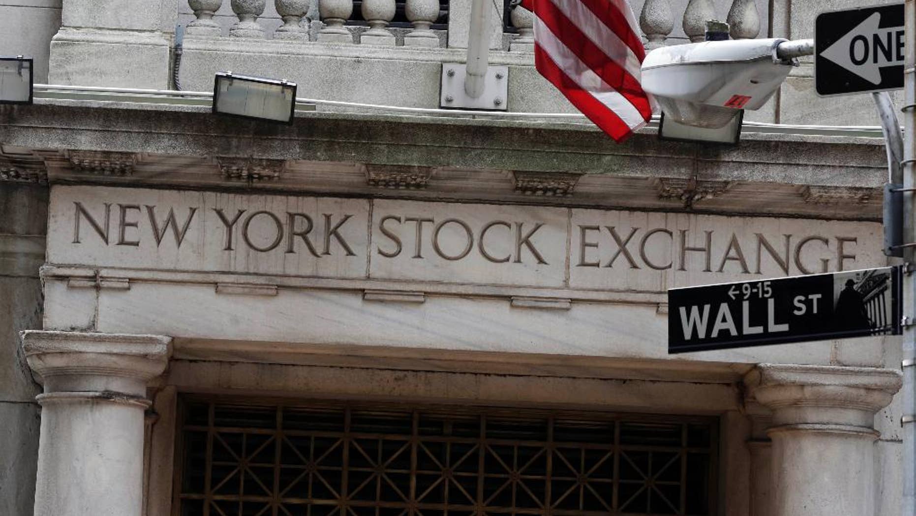 FILE - This Oct. 2, 2014 file photo shows the Wall Street entrance of the New York Stock Exchange, in New York. U.S. stocks opened lower Wednesday, April 29, 2015, as the economy skidded to a near halt in the first three months of the year after being battered by harsh weather, plunging exports and sharp cutbacks in oil and gas drilling. (AP Photo/Richard Drew, File)