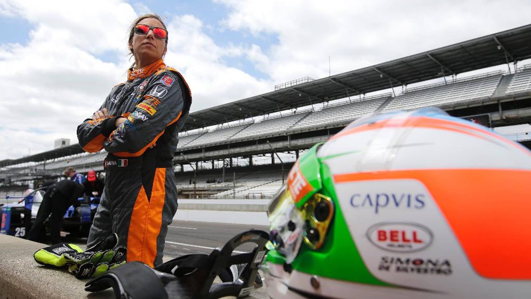 Driver Simona de Silvestro, of Switzerland, watches during practice for the Indianapolis 500 auto race at Indianapolis Motor Speedway in Indianapolis, Tuesday, May 12, 2015. (AP Photo/Darron Cummings)