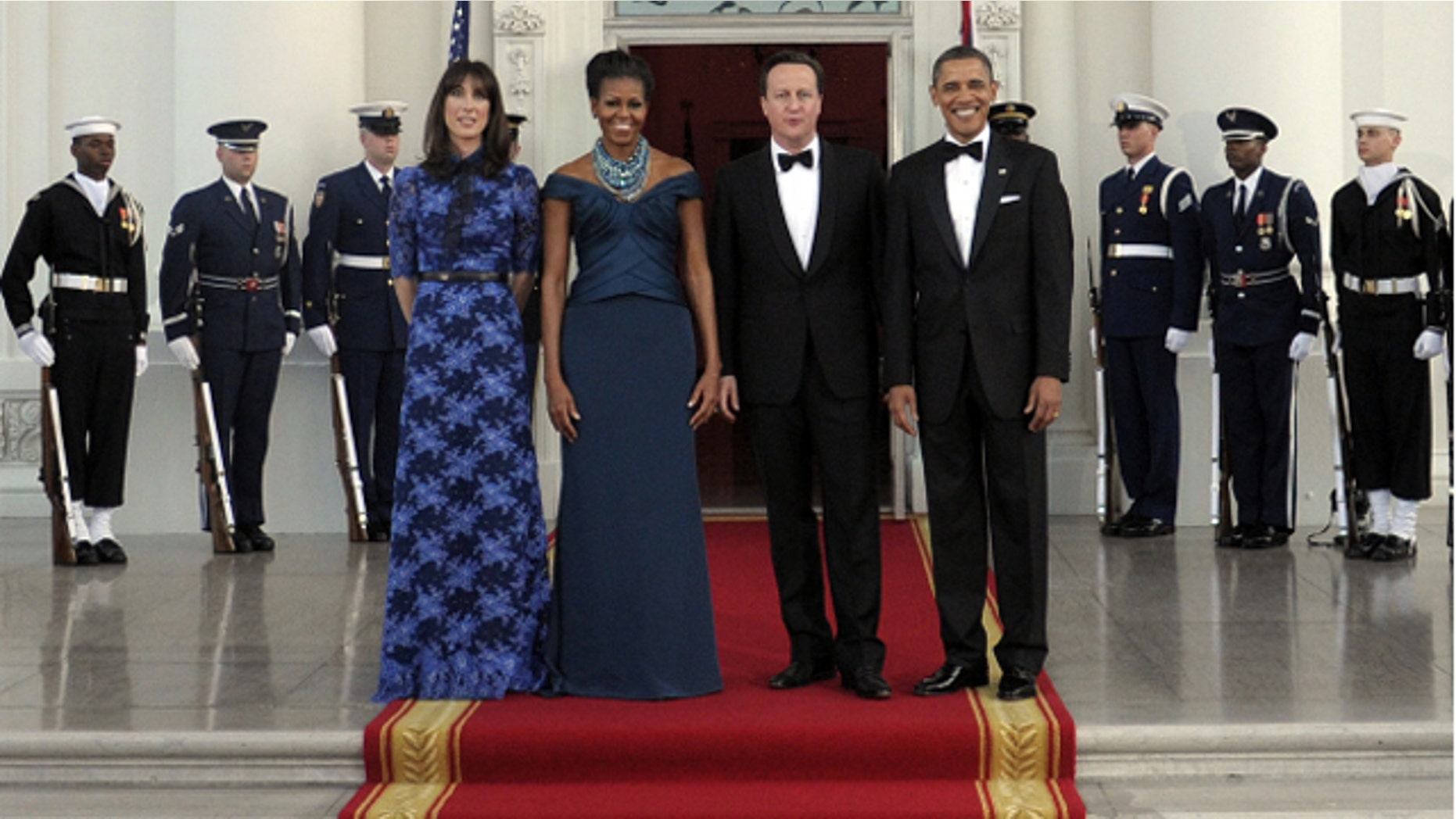 March 14, 2012: President Barack Obama and first lady Michelle Obama with Britain's Prime Minister David Cameron and his wife Samantha Cameron as they arrive in the North Portico of the White House prior to a State Dinner