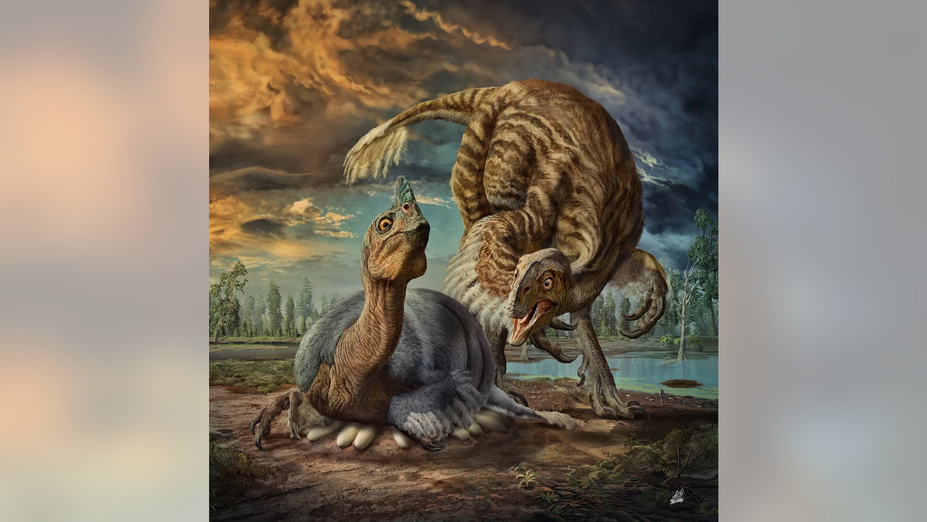 An artist's depiction of giant oviraptorosaurs nesting (Credit: Zhao Chuang)