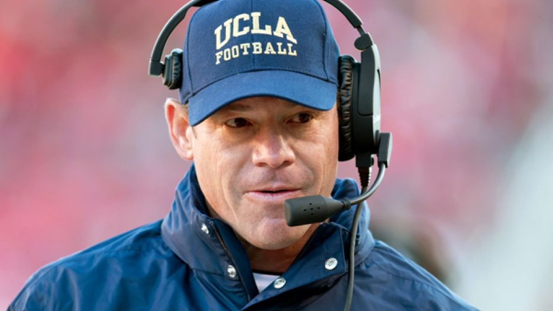Nov 21, 2015; Salt Lake City, UT, USA; UCLA Bruins head coach Jim Mora during the second half against the Utah Utes at Rice-Eccles Stadium. UCLA won 17-9. Mandatory Credit: Russ Isabella-USA TODAY Sports