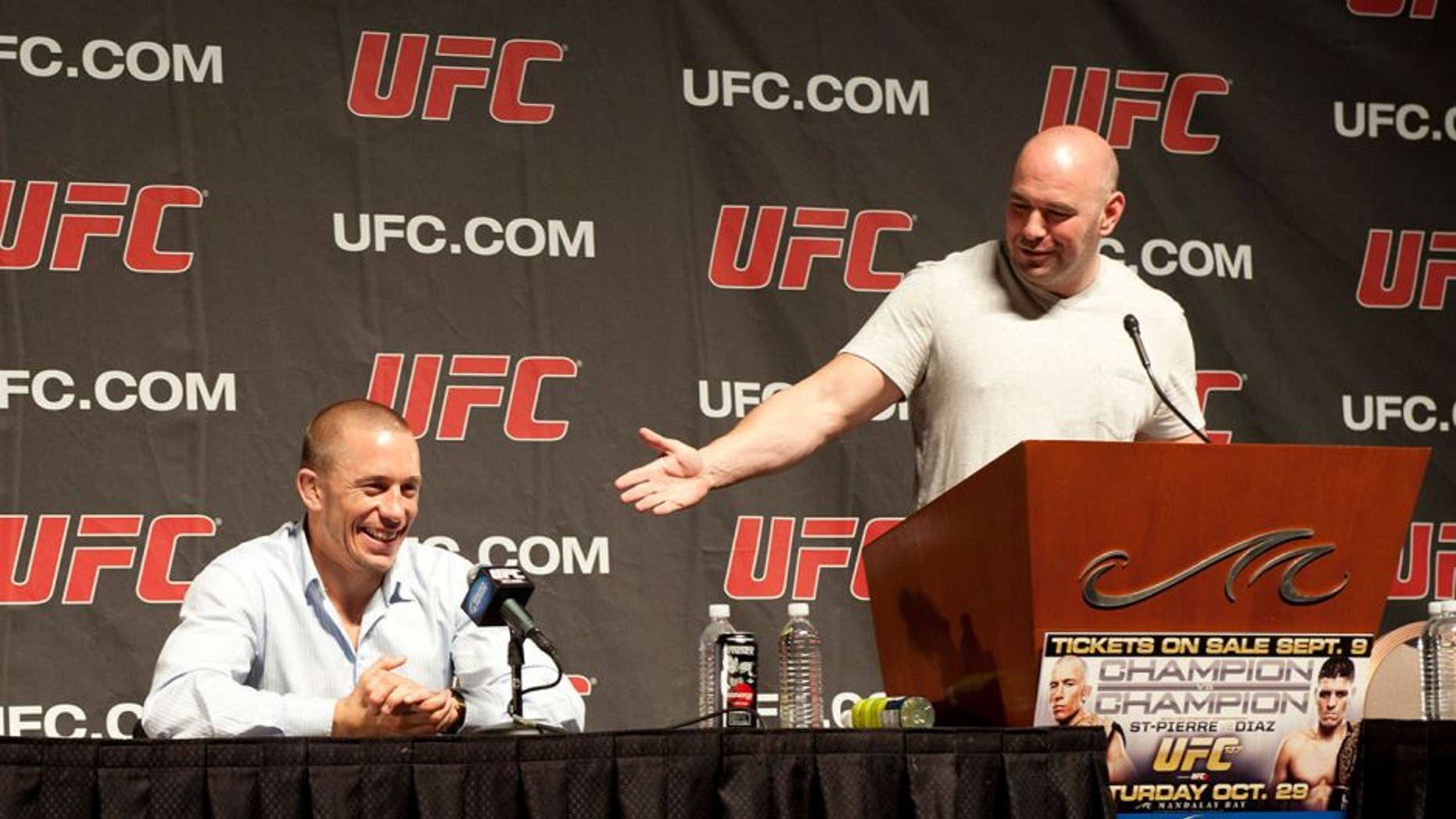 LAS VEGAS - SEPTEMBER 07: (R-L) Dana White & Georges St-Pierre at the UFC 137 Press Conference at the Mandalay Bay Events Center on September 7, 2011 in Las Vegas, Nevada. (Photo by Kari Hubert/Zuffa LLC/Zuffa LLC via Getty Images)