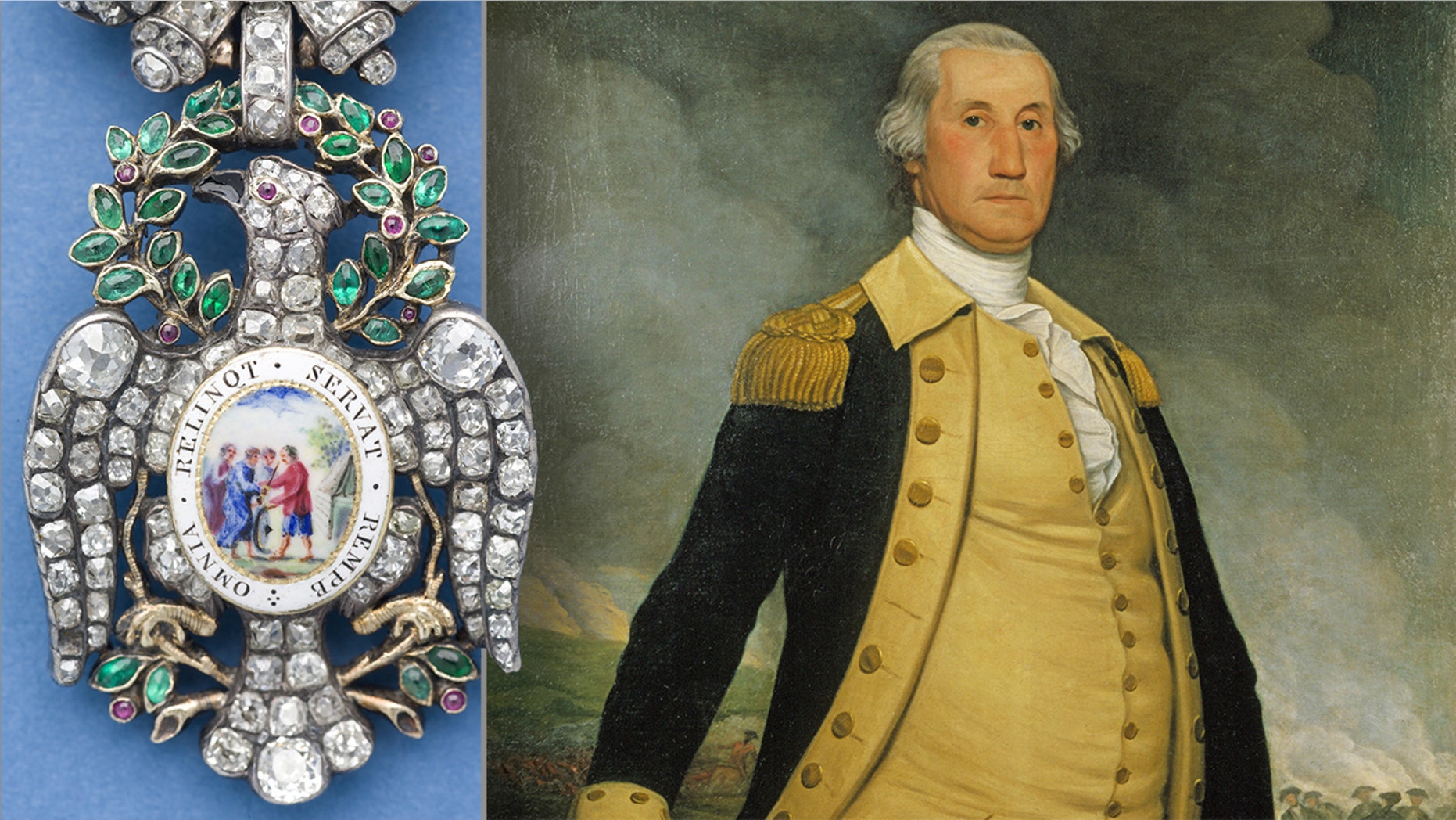 The Diamond Eagle medal (© The Society of the Cincinnati) and portrait of George Washington by Joseph Wright, 1784. (Courtesy of the Philadelphia History Museum at the Atwater Kent, the Historical Society of Pennsylvania Collection)