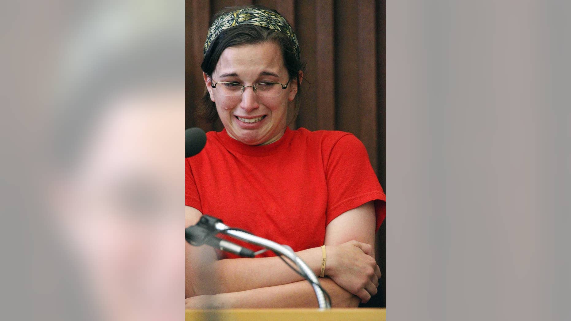 FILE - In this Wednesday, June 4, 2014 file photo, Kathryn McDonough breaks down crying, when asked how she felt after telling jurors how she pushed Elizabeth "Lizzi" Marriott's body into the water and covered it with seaweed during testimony in Strafford County Superior Court in Dover, N.H. McDonough testified against her former boyfriend Seth Mazzaglia, who was convicted of killing Marriott and sentenced to life without parole. McDonough's three-year prison sentence comes to an end Saturday, July 16, 2016, when she will be released. (AP Photo Jim Cole, File)