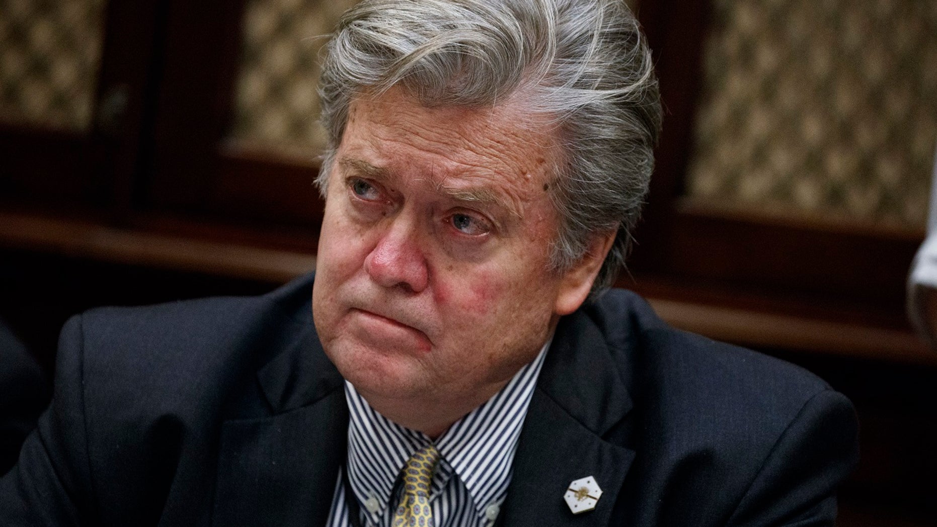 In this Feb. 7, 2017 file photo, White House chief strategist Steve Bannon is seen in the Roosevelt Room of the White House in Washington.