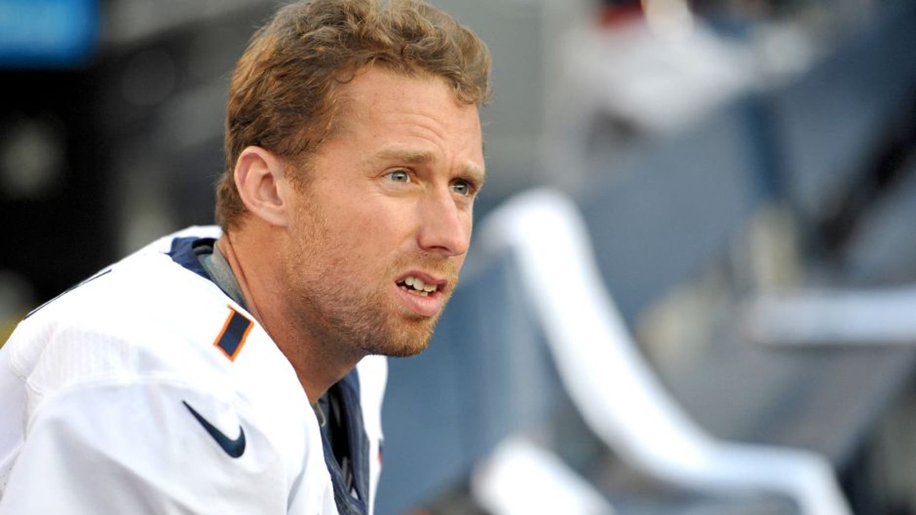Dec 14, 2014; San Diego, CA, USA; Denver Broncos kicker Connor Barth (1) looks on from the bench during the fourth quarter against the San Diego Chargers at Qualcomm Stadium. Mandatory Credit: Jake Roth-USA TODAY Sports