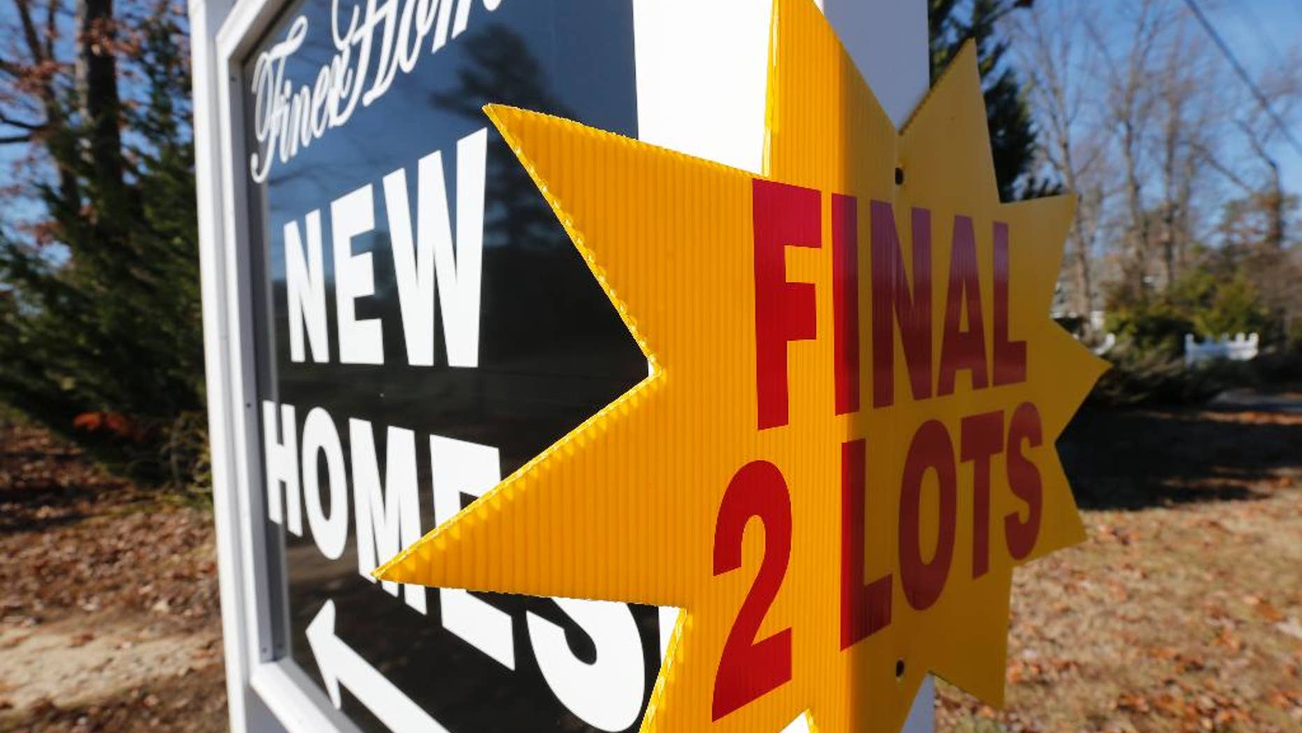 This Jan. 8, 2015 photo shows a sign advertising lots for new homes for sale in Richmond, Va. Freddie Mac, the mortgage company, releases weekly mortgage rates on Thursday, March 5, 2015. (AP Photo/Steve Helber)