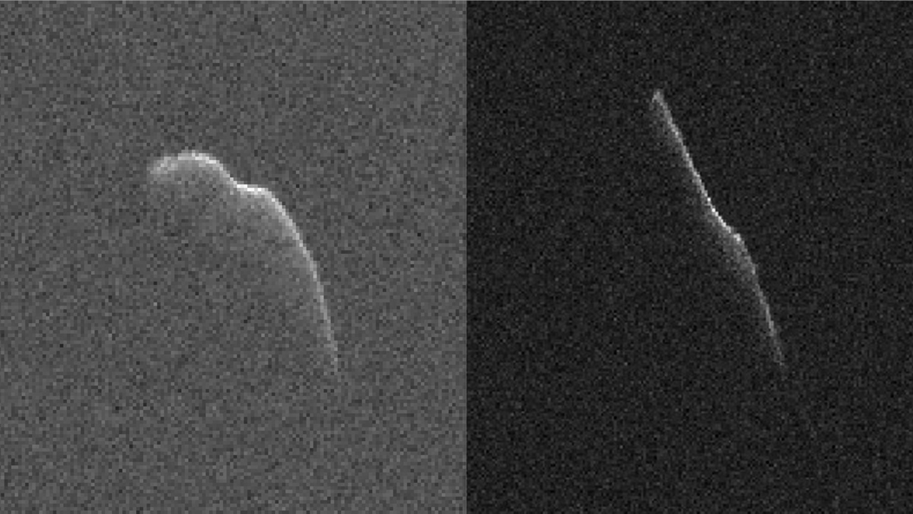 These images of an asteroid 3,600 feet (1,100 meters) long were taken on Dec. 17 (left) and Dec. 22 by scientists using NASA's giant Deep Space Network antenna at Goldstone, California. This asteroid will safely fly past Earth on Dec. 24, at a distance of 6.8 million mile. (NASA/JPL-Caltech/GSSR)