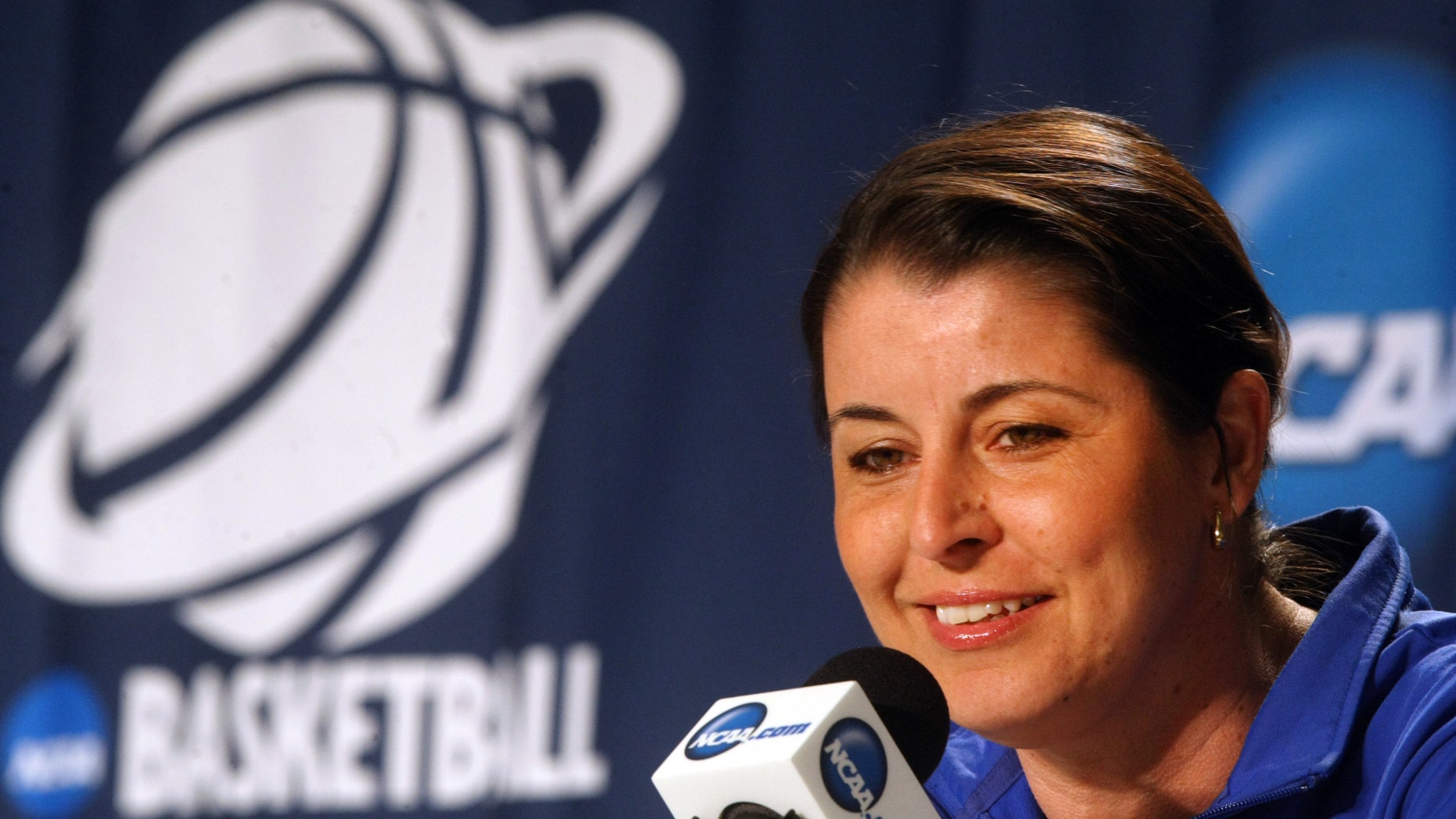 Duke NCAA college basketball women's head coach Joanne P. McCallie speaks to the media during a press conference, Monday, April 1, 2013 at the Ted Constant Center in Norfolk, Va. Duke will play Notre Dame on Tuesday in the regional final. (AP Photo/Jason Hirschfeld)