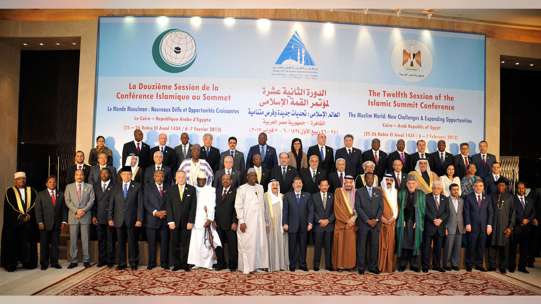 Feb. 6, 2013: In this photo released by the Egyptian Presidency, leaders of nations taking part in the Organization of Islamic Cooperation's two-day summit, which brings together leaders from across the Muslim world, pose for a group photograph in Cairo, Egypt.
