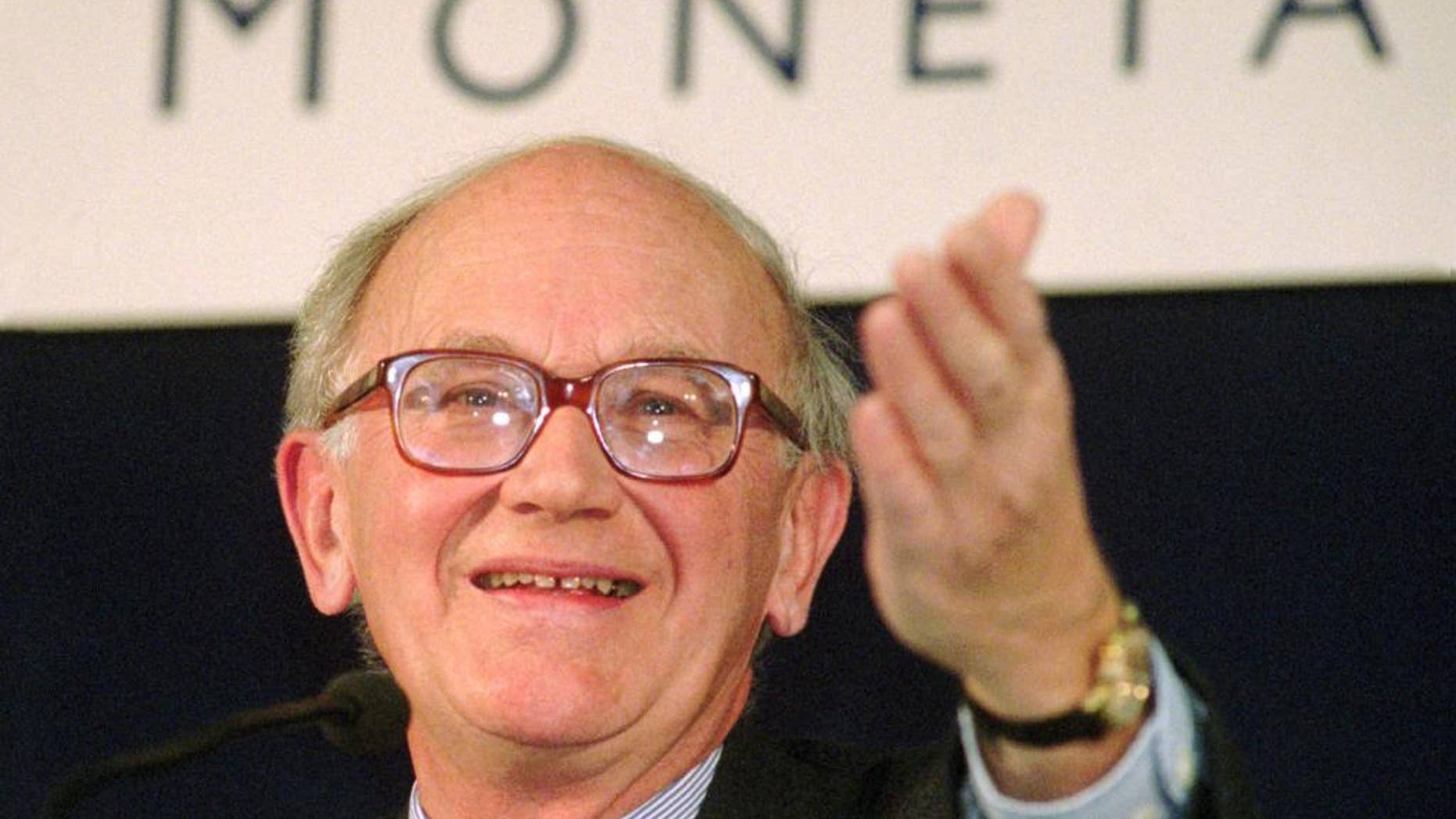 FILE - In this Jan. 10, 1997 file photo, President of the European Monetary Institute (EMI), Alexandre Lamfalussy attends a press conference in Frankfurt. Lamfalussy, who died on Monday, May 11, 2015 at the age of 86, headed the Frankfurt-based European Monetary Institute from 1994-97, laying the groundwork for the introduction of the euro and a supra-national central bank to manage the currency. (AP Photo/Bernd Kammerer, File)
