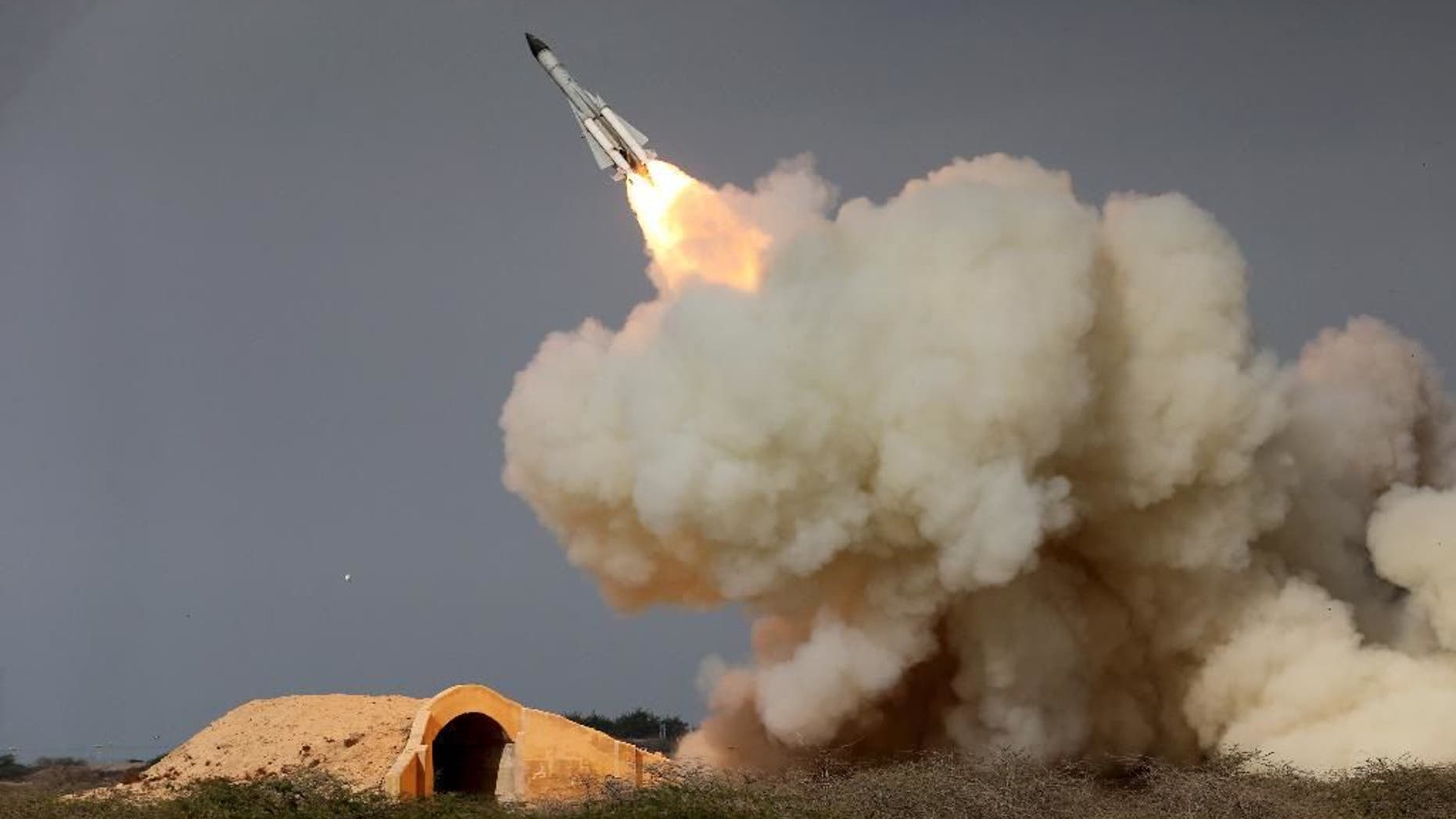 FILE -- In this Dec. 29, 2016 file photo, released by the semi-official Iranian Students News Agency (ISNA), a long-range S-200 missile is fired in a military drill in the port city of Bushehr, on the northern coast of Persian Gulf, Iran.