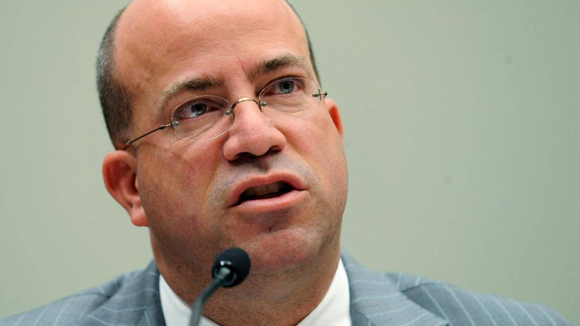 FILE - In this Thursday, Feb. 25, 2010 file photo, Jeff Zucker testifies on Capitol Hill in Washington, during the House Judiciary Committee hearing on competition in the media and entertainment distribution market. Zucker, the president of CNN says it is "shocking" to watch the political establishment's silence regarding President Donald Trump's attacks on the media, calling it an abdication of their responsibility. (AP Photo/Susan Walsh, File)