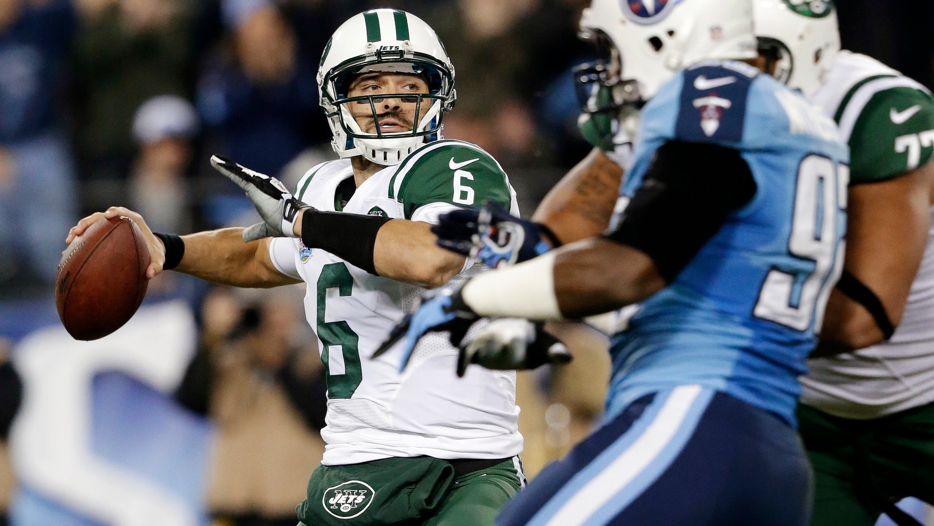New York Jets quarterback Mark Sanchez (6) passes against the Tennessee Titans in the second quarter of an NFL football game, Monday, Dec. 17, 2012, in Nashville, Tenn. (AP Photo/Wade Payne)