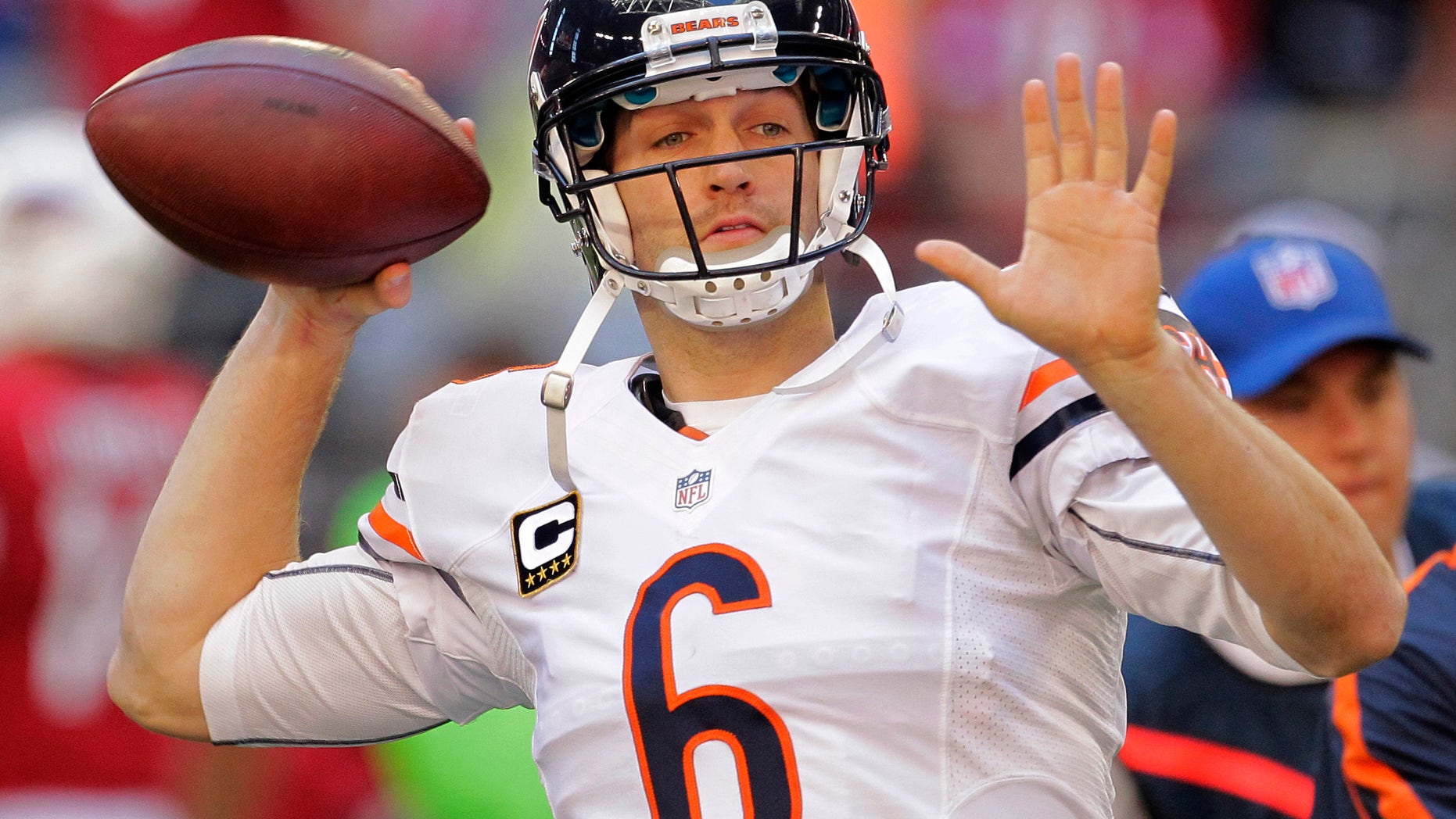 Chicago Bears quarterback Jay Cutler (6) warms up prior to an NFL football game against the Arizona Cardinals, Sunday, Dec. 23, 2012, in Glendale, Ariz. (AP Photo/Matt York)