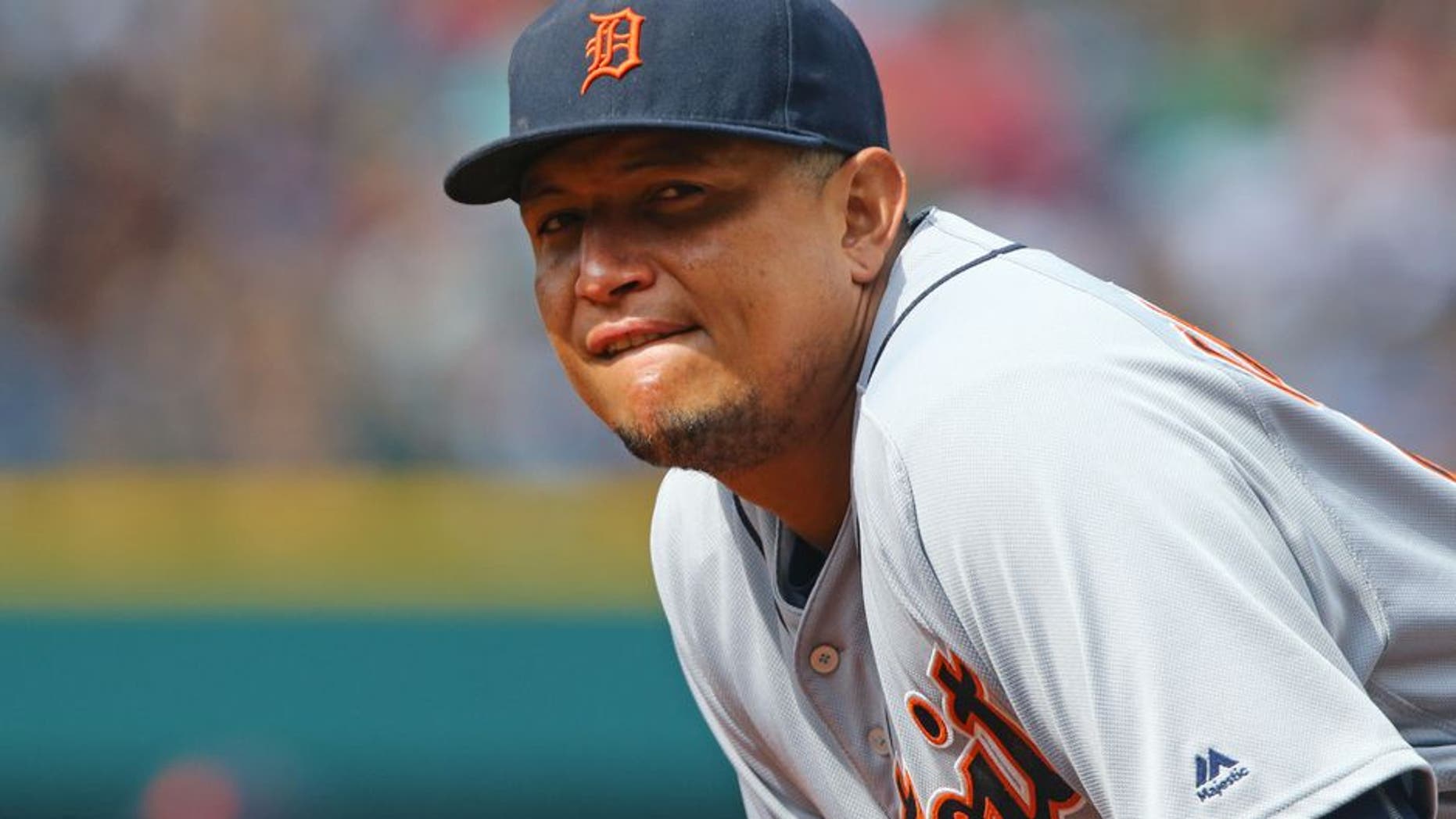 Sep 18, 2016; Cleveland, OH, USA; Detroit Tigers first baseman Miguel Cabrera (24) against the Cleveland Indians at Progressive Field. The Tigers won 9-5. Mandatory Credit: Aaron Doster-USA TODAY Sports