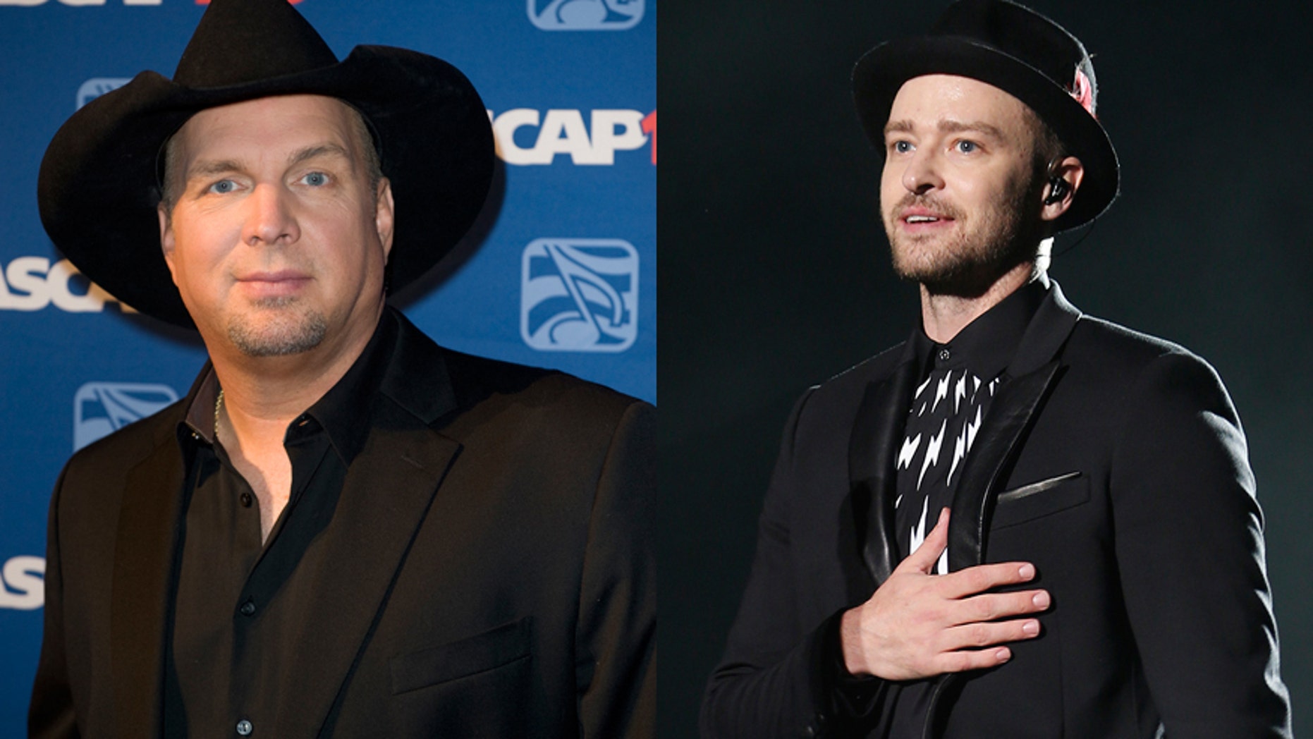 Singers Garth Brooks (L) and Justin Timberlake.