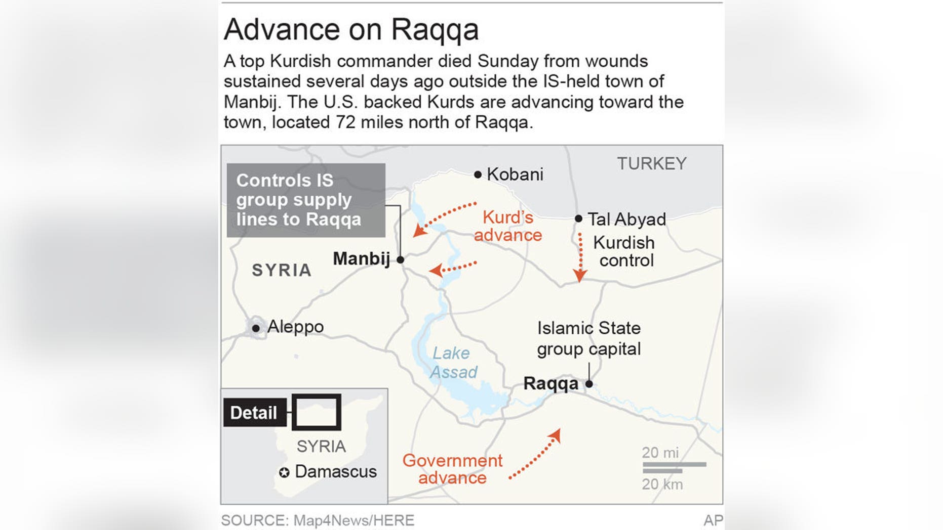 Map shows Manbij, Syria, a key city in route to Raqqa, the IS group stronghold; 2c x 3 3/8 inches; 96.3 mm x 85 mm;