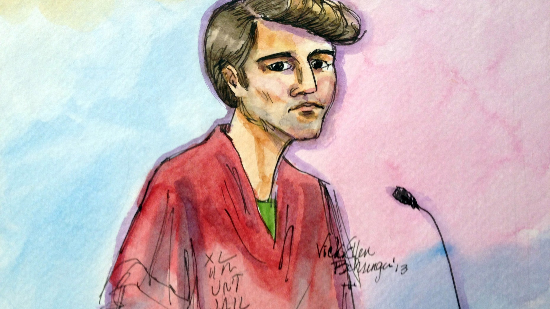 FILE- In this Oct. 4, 2013 file photo, an artist rendering depicts Ross William Ulbricht during an appearance at federal court in San Francisco. Authorities say that Ulbricht had spent most of three years "evading law enforcement, living a double life" while operating an underground website known as Silk Road, a black-market bazaar for cocaine, heroin and other drugs, while portraying himself as an Internet trailblazer. Authorities say an investigation of Liberty Reserve, and more recently that of Silk Road, demonstrate how the anonymity inherent in virtual currency transactions is attracting legions of flesh-and-blood criminals. (AP Photo/Vicki Behringer, File)