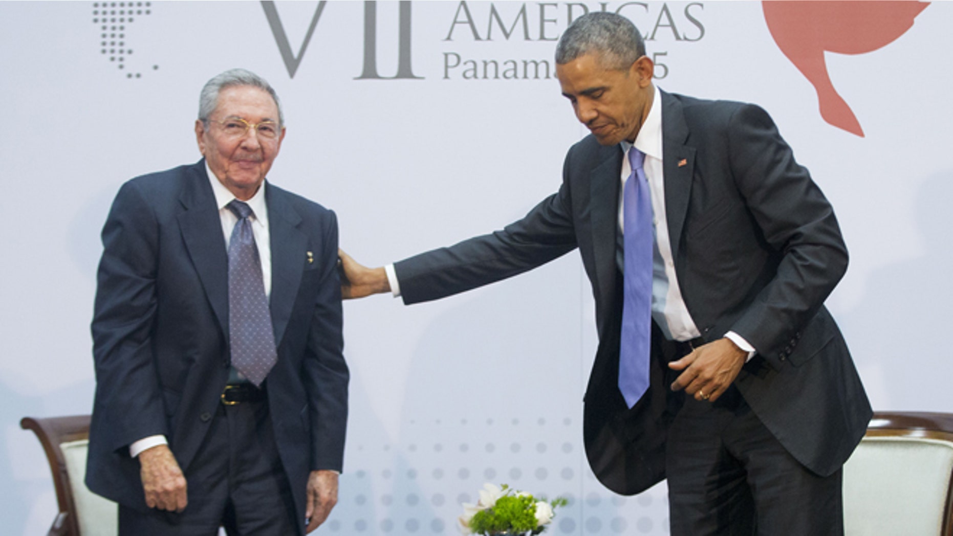 US President Barack Obama with Cuban President Raul Castro during their meeting at the Summit of the Americas in Panama City, Panama, Saturday, April 11, 2015. The leaders of the United States and Cuba held their first formal meeting in more than half a century on Saturday, clearing the way for a normalization of relations that had seemed unthinkable to both Cubans and Americans for generations. (AP Photo/Pablo Martinez Monsivais)
