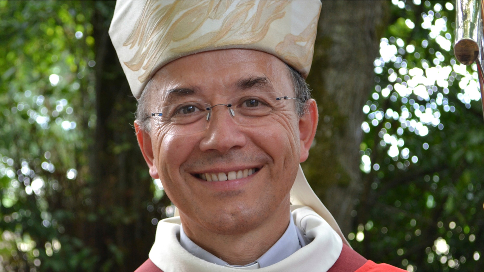 This photo dated Sept. 14, 2014 and provided by the Diocese des Landes shows French Bishop Herve Gaschignard posing for a photographer in Buglose, southern France