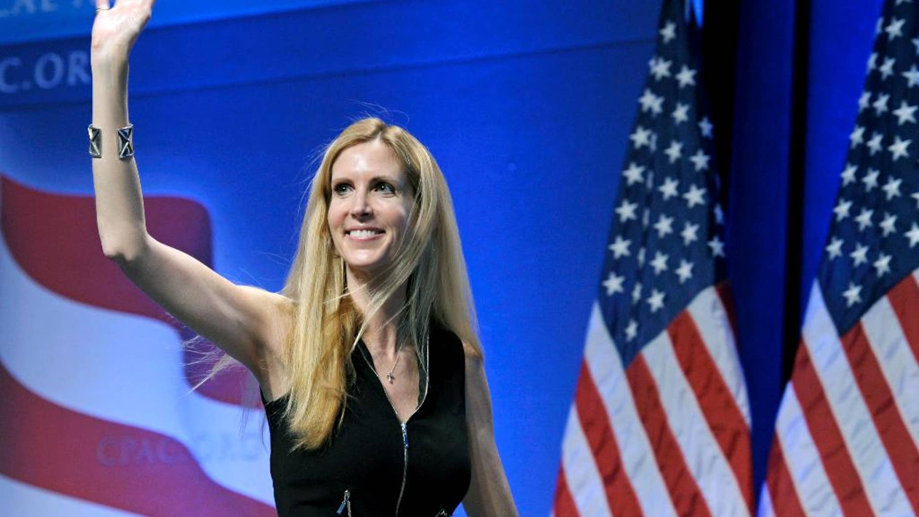 FILE - In this Feb. 12, 2011 file photo, Ann Coulter waves to the audience after speaking at the Conservative Political Action Conference (CPAC) in Washington. The University of California, Berkeley says it's preparing for possible violence on campus whether Coulter comes to speak or not. (AP Photo/Cliff Owen, File)
